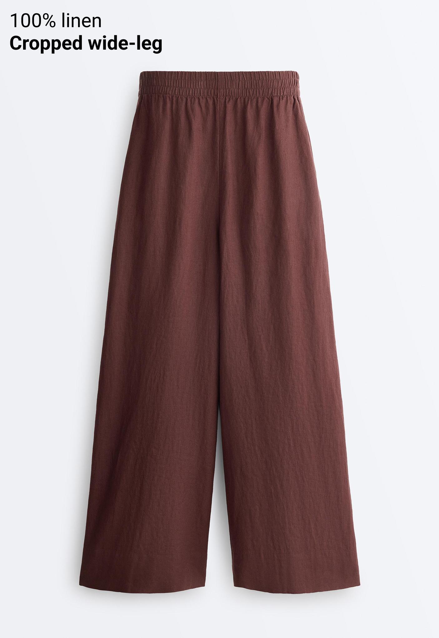 100% linen super wide-leg cropped trousers — CHOCOLATE