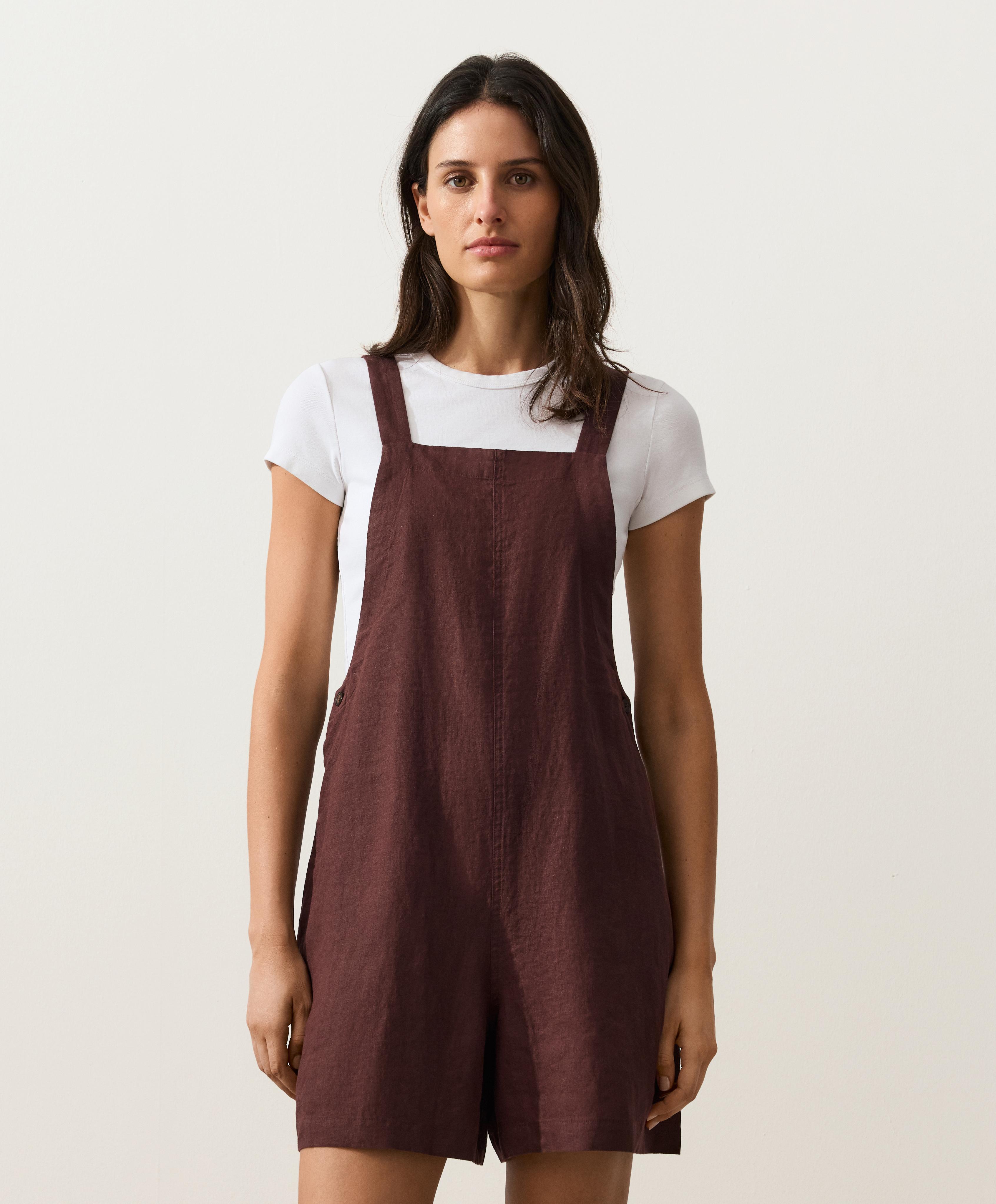 Short strappy 100% linen jumpsuit — CHOCOLATE
