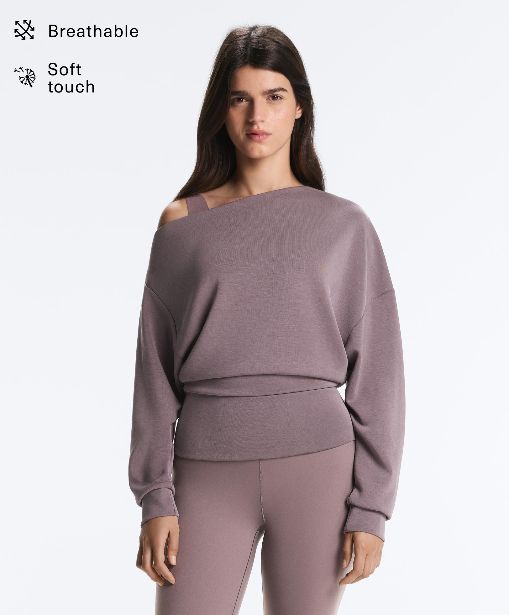 Asymmetric neck sweatshirt with adjustable waist and soft-touch modal Asymmetric neck sweatshirt with adjustable waist and soft-touch modal