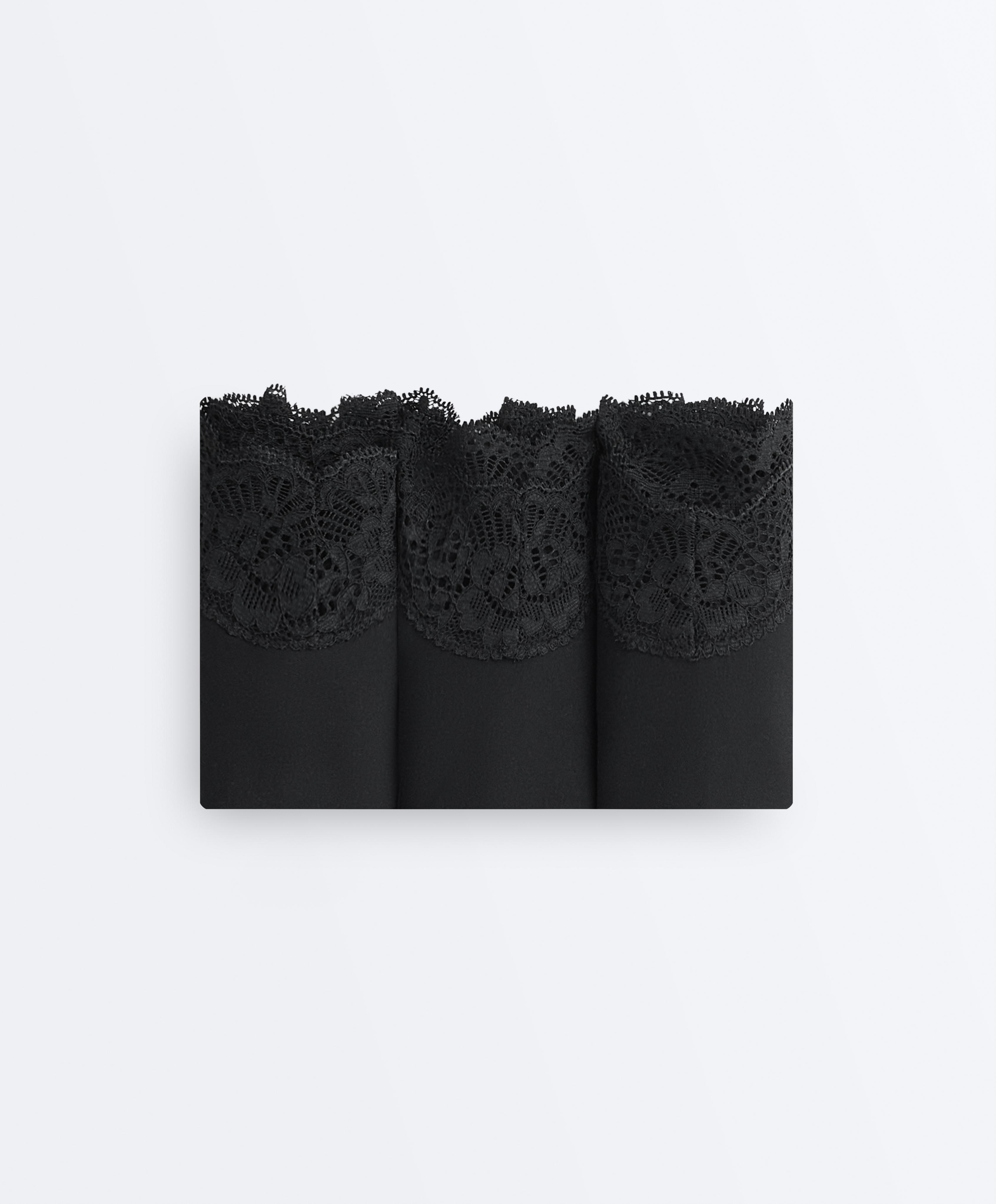 3 laser-cut V-cut lace polyamide blend thongs — BLACK