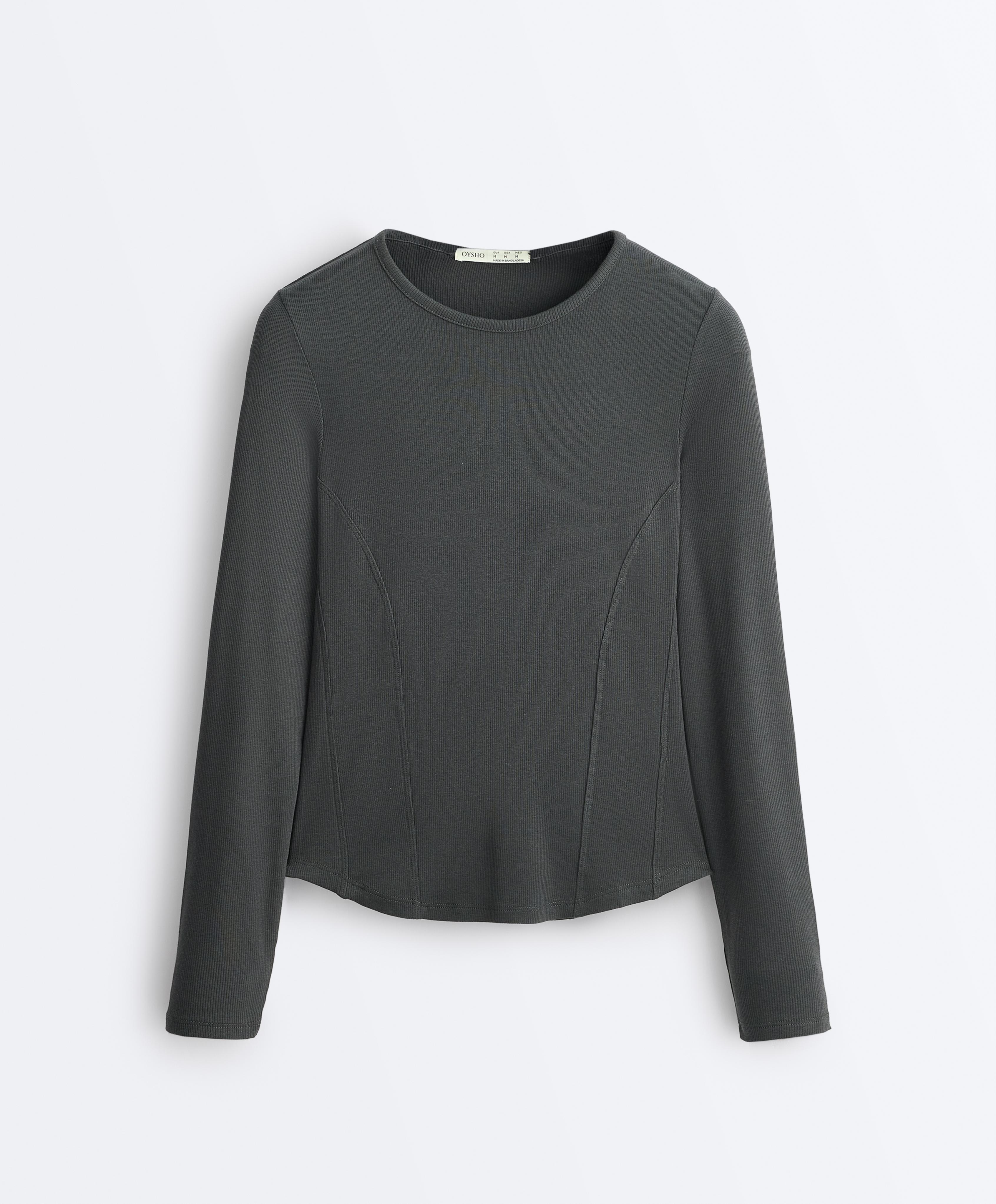 Fitted long sleeve rib T-shirt with cotton and modal — ASPHALT