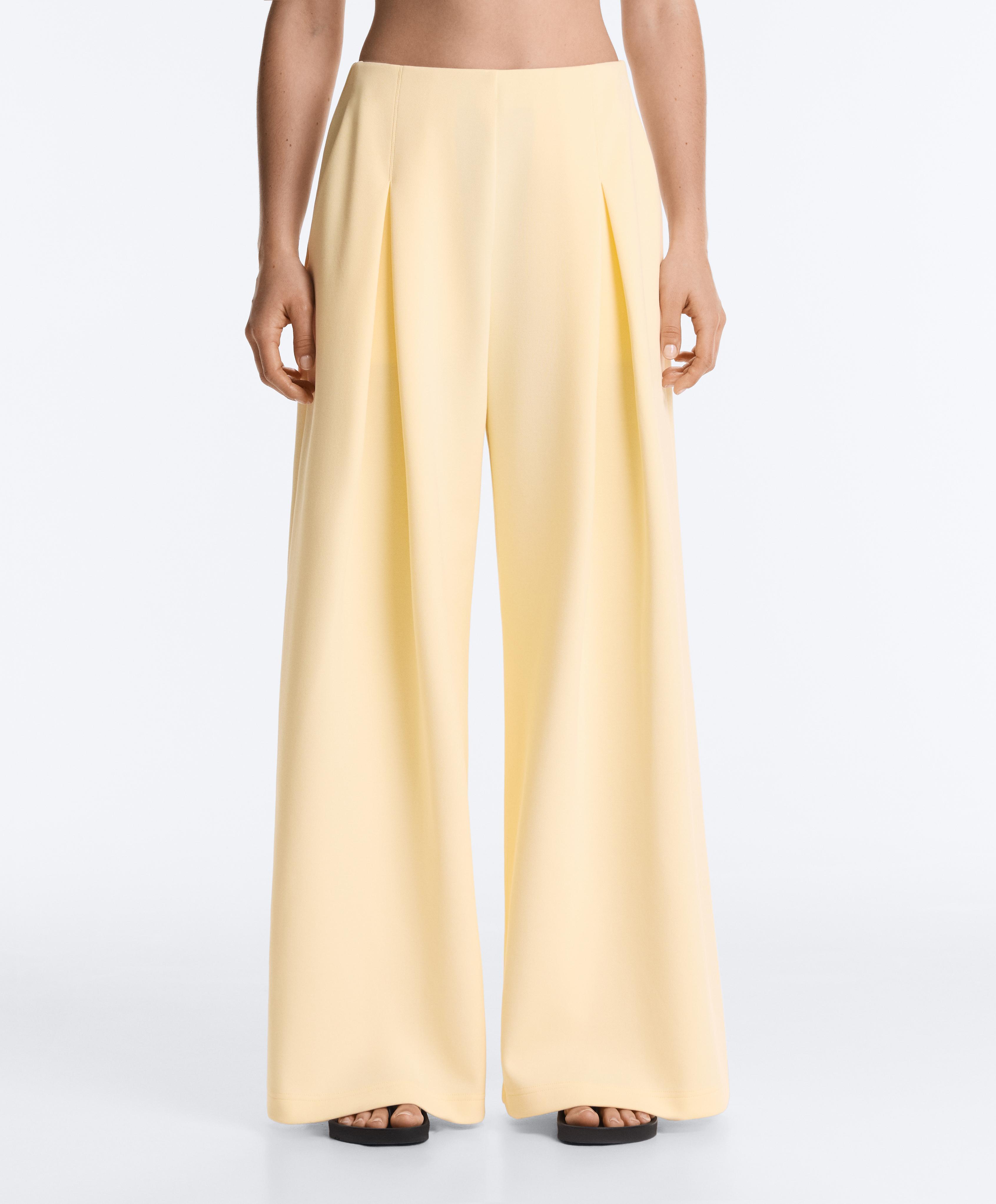 Wide-leg pique trousers with cotton — PALE YELLOW