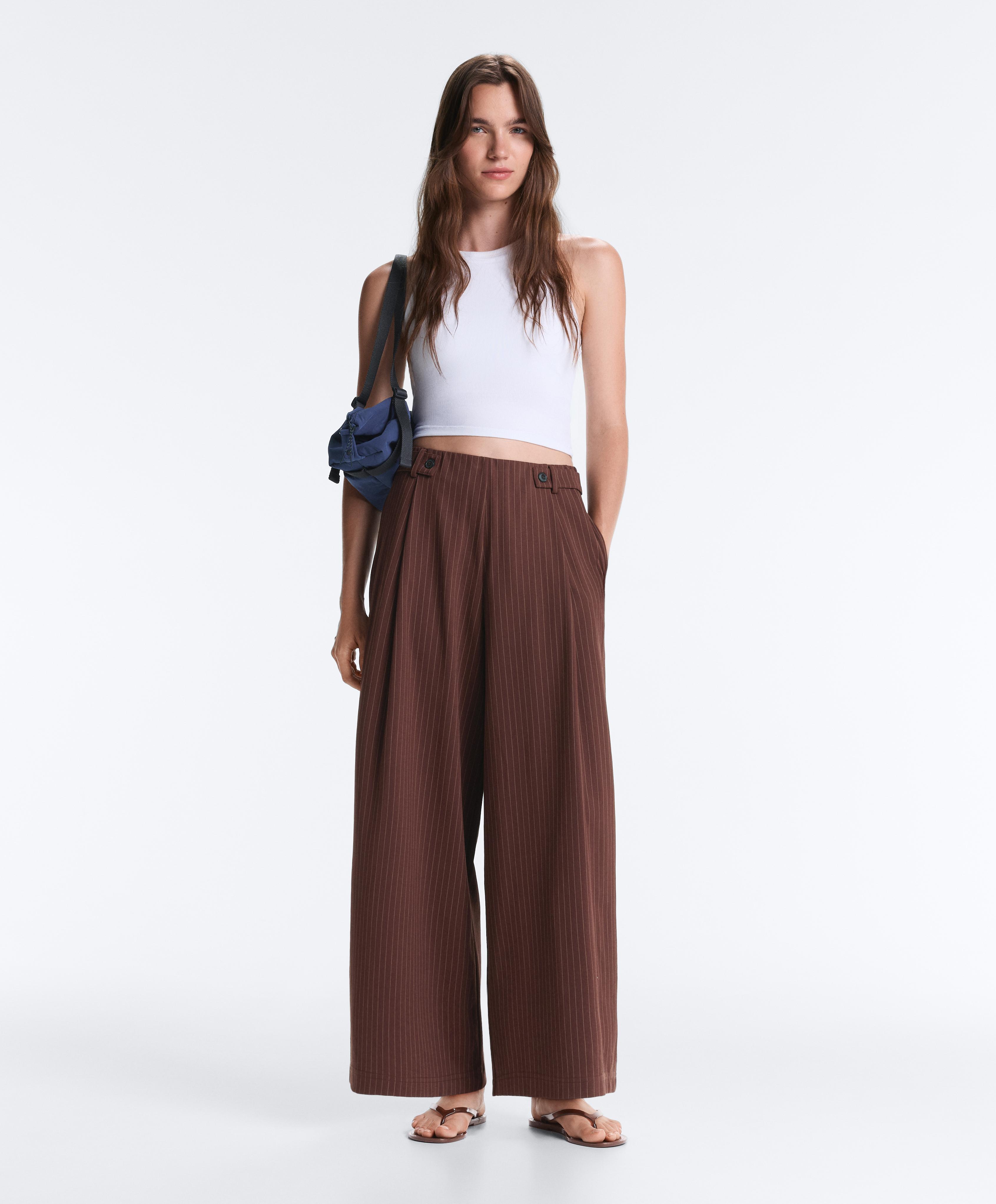 Wide-leg piqué pinstripe cotton trousers — CHOCOLATE