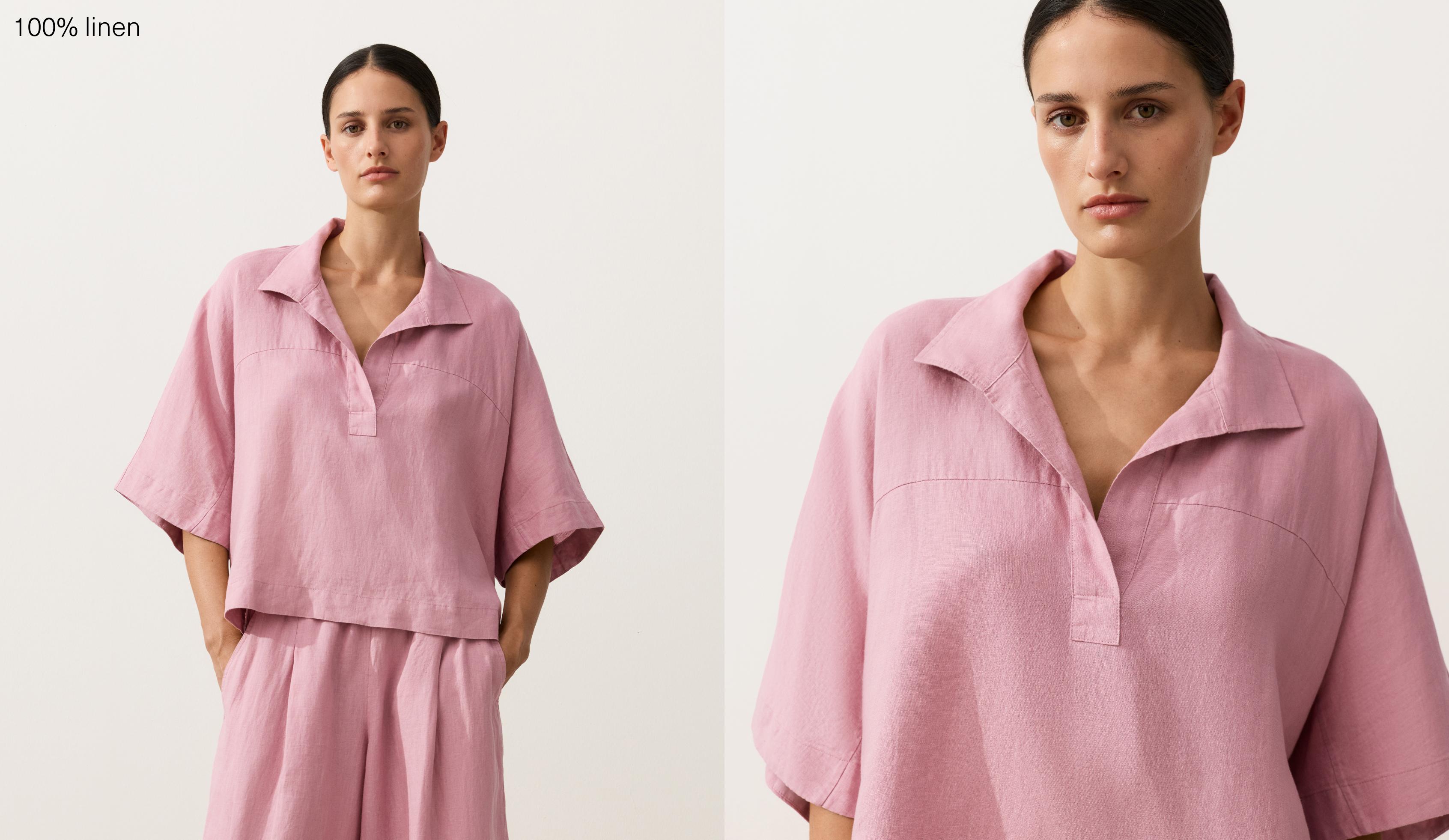 Oversize 100% linen polo shirt — MID-PINK
