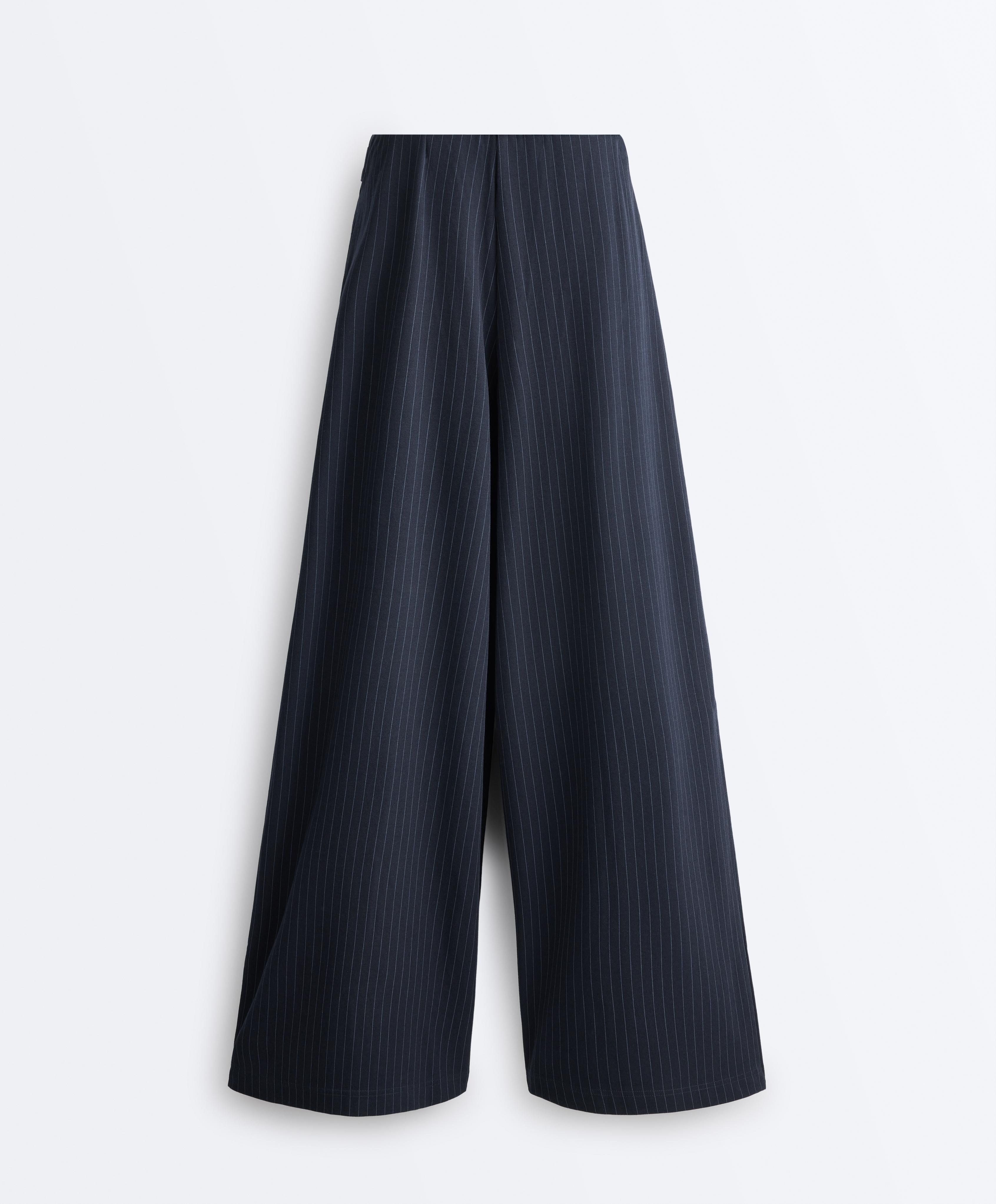 Pinstripe cotton pique wide-leg trousers — NAVY BLUE