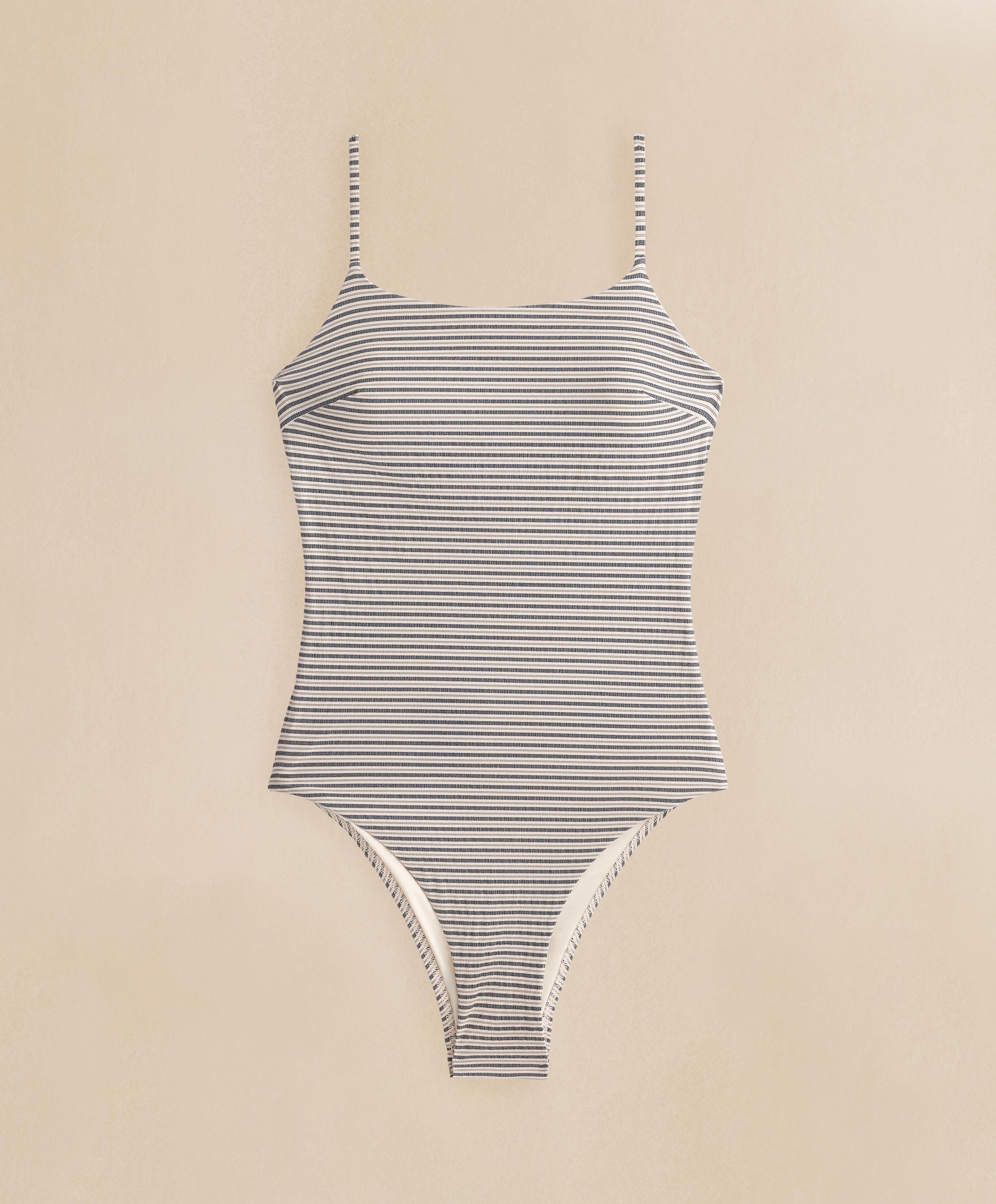 Stripe round neck swimsuit — SAND