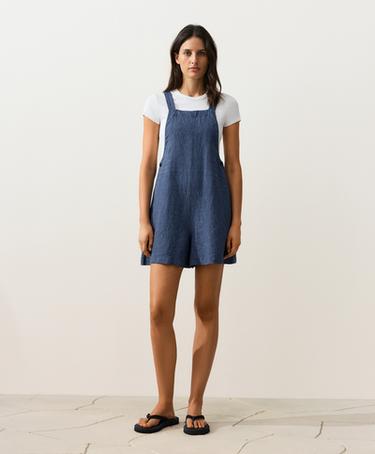 Short strappy 100% linen jumpsuit — BLUE MELANGE 2