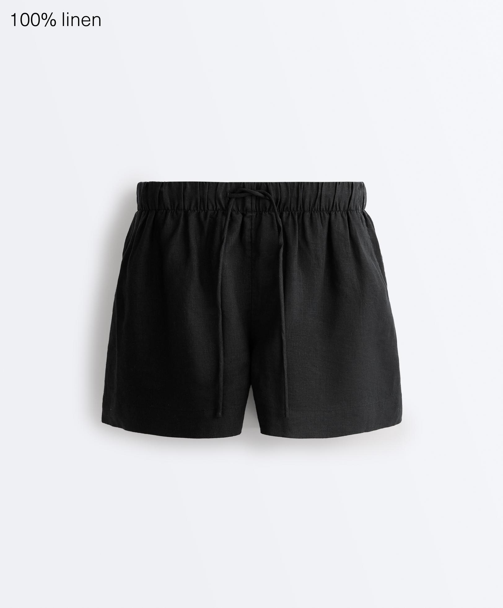 100% linen mid-rise shorts — BLACK