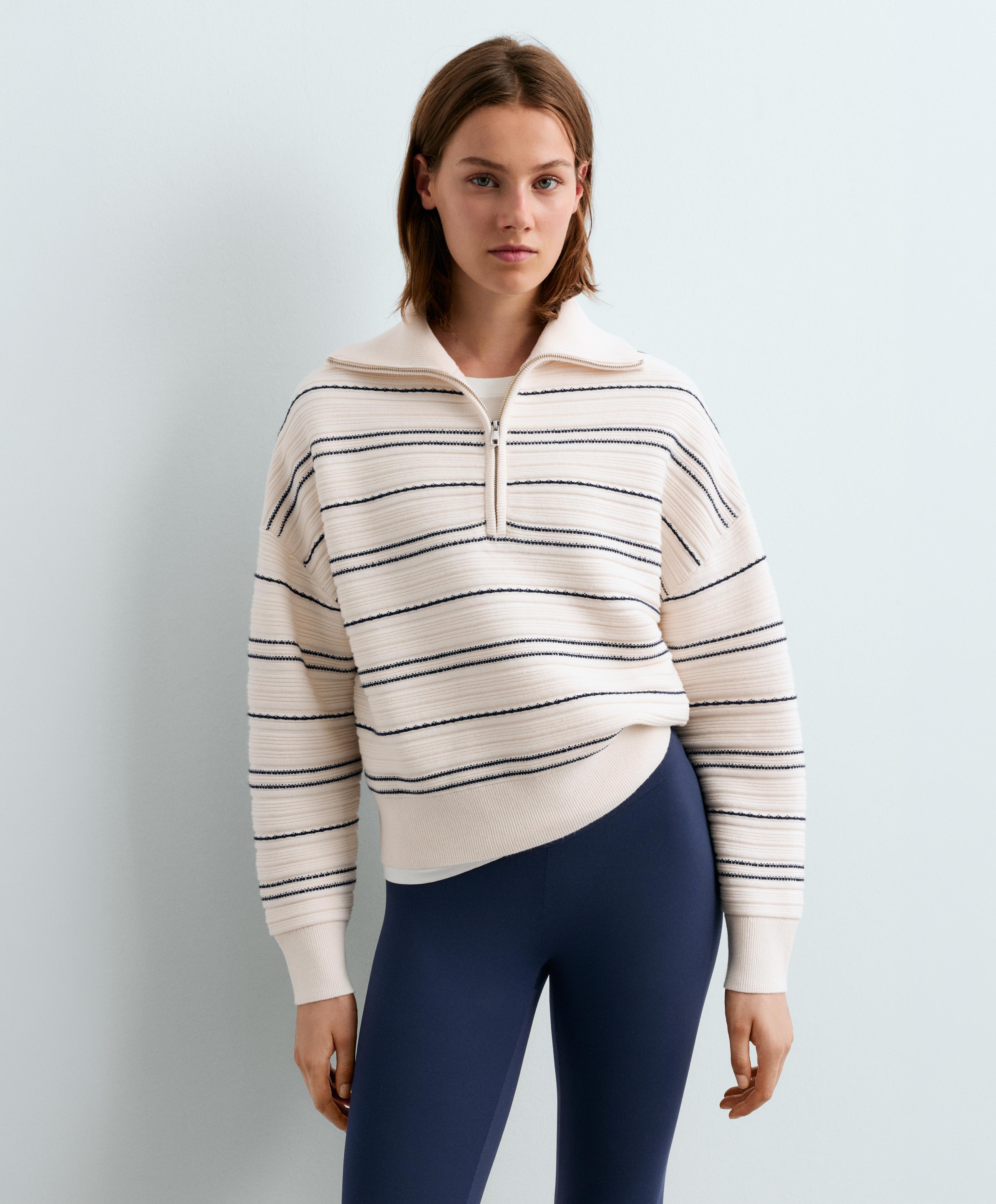 High-neck striped knit jumper — PALE ECRU
