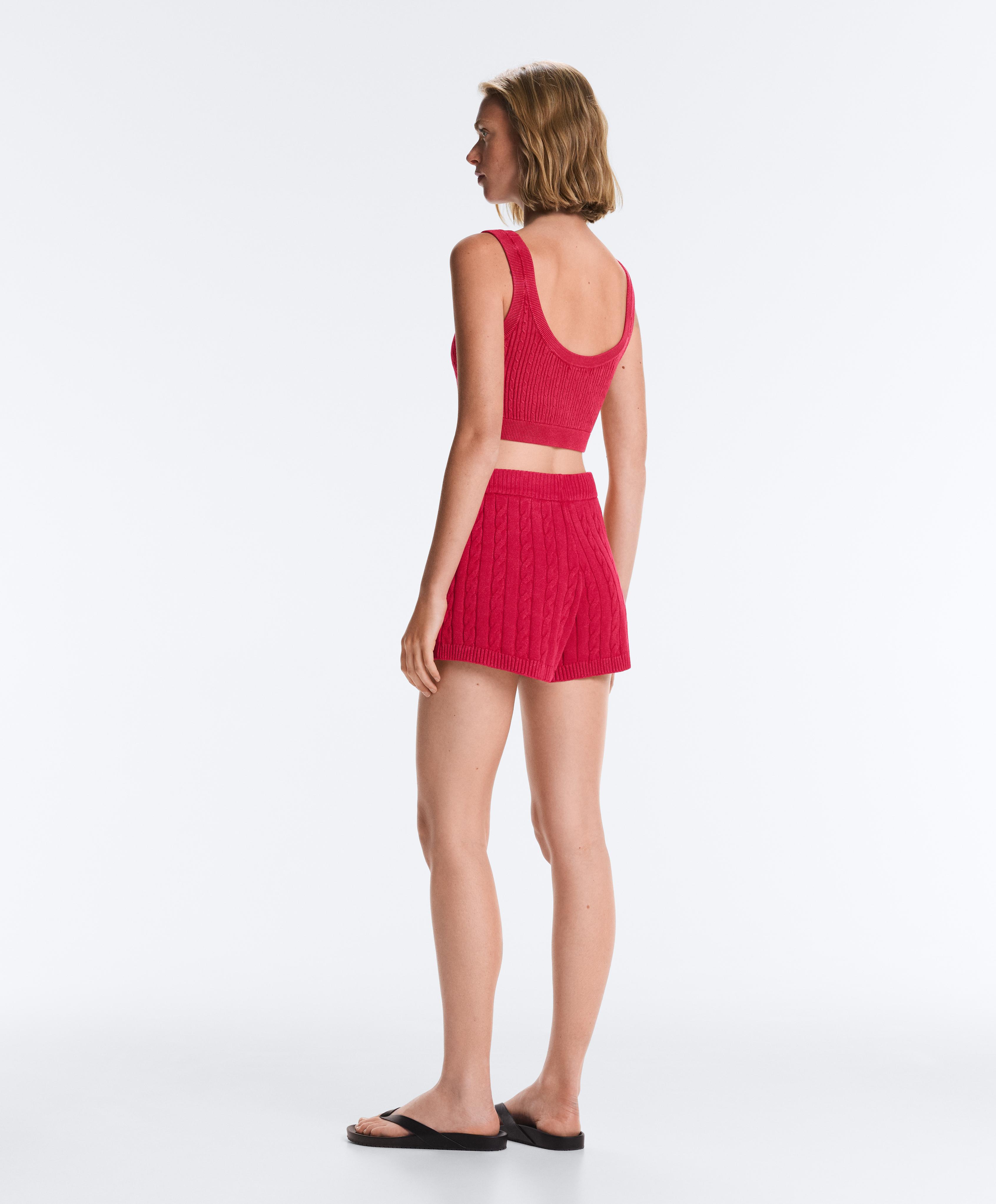 Washed knit crop cable strap T-shirt — RED