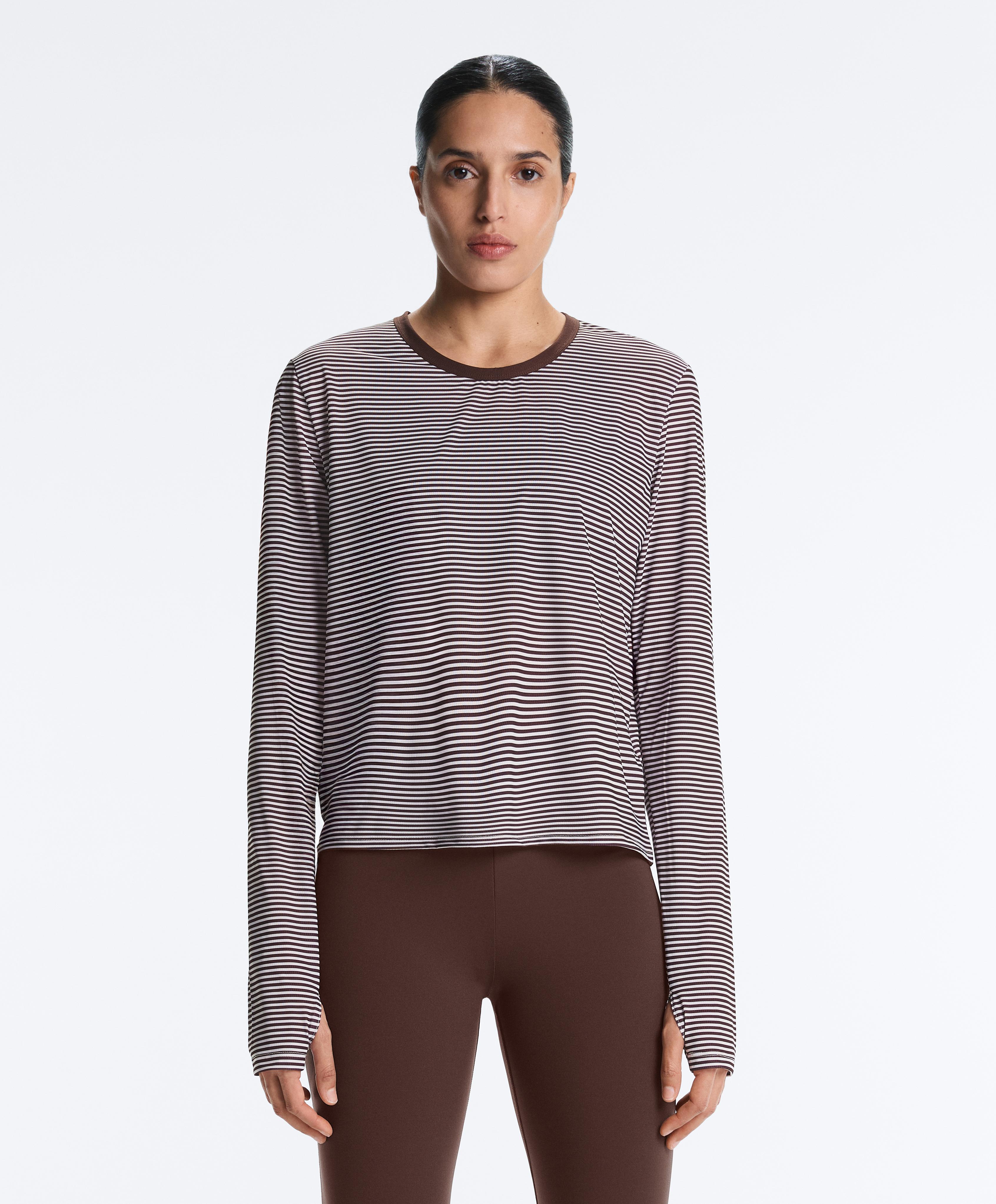 Striped long-sleeved technical T-shirt — BROWN
