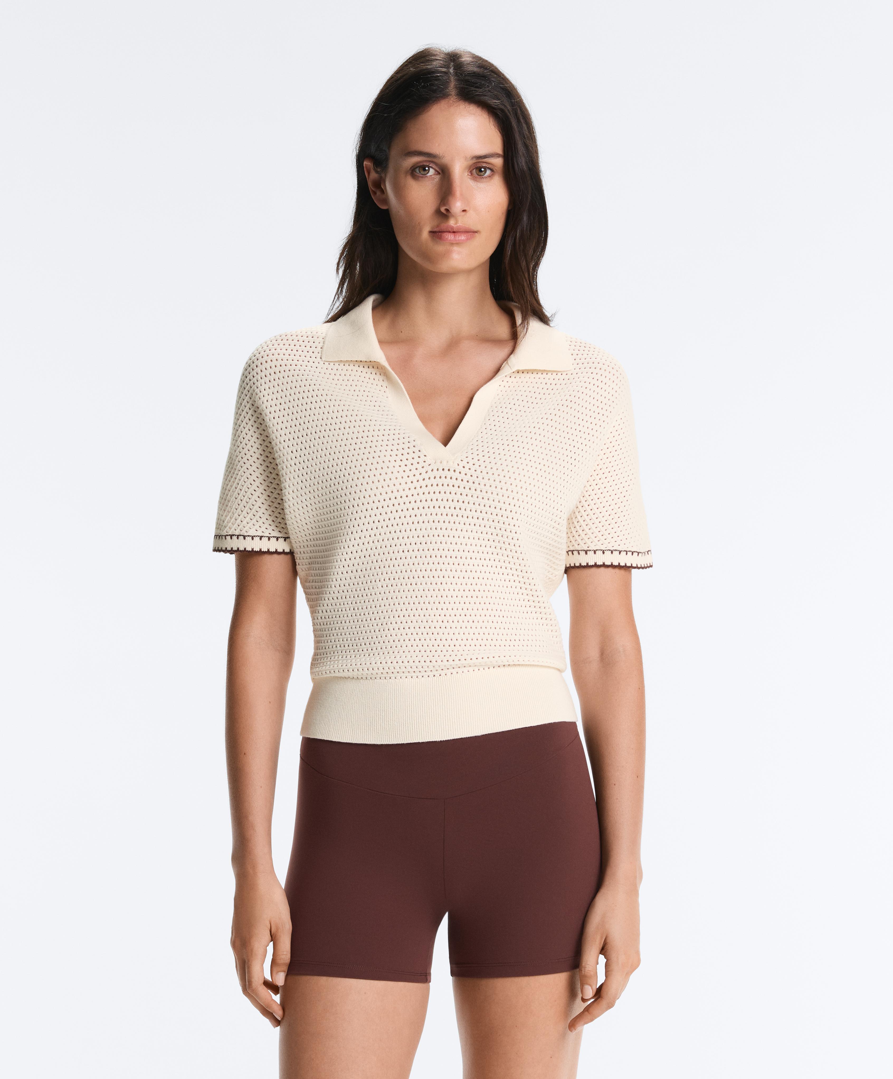 Cotton blend openwork knit polo — PALE ECRU