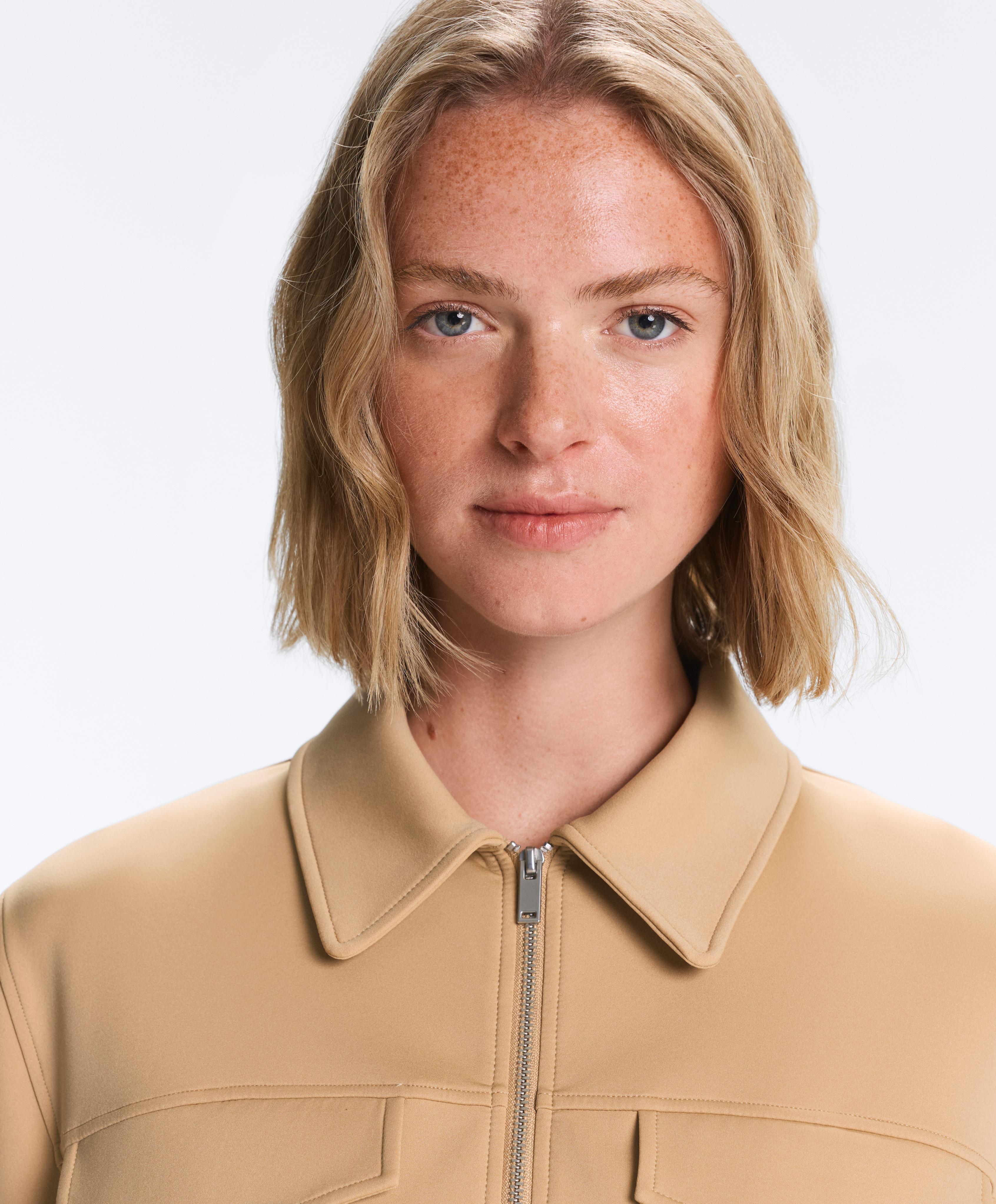 Neoprene-effect peplum jacket with ribbing — PALE CAMEL