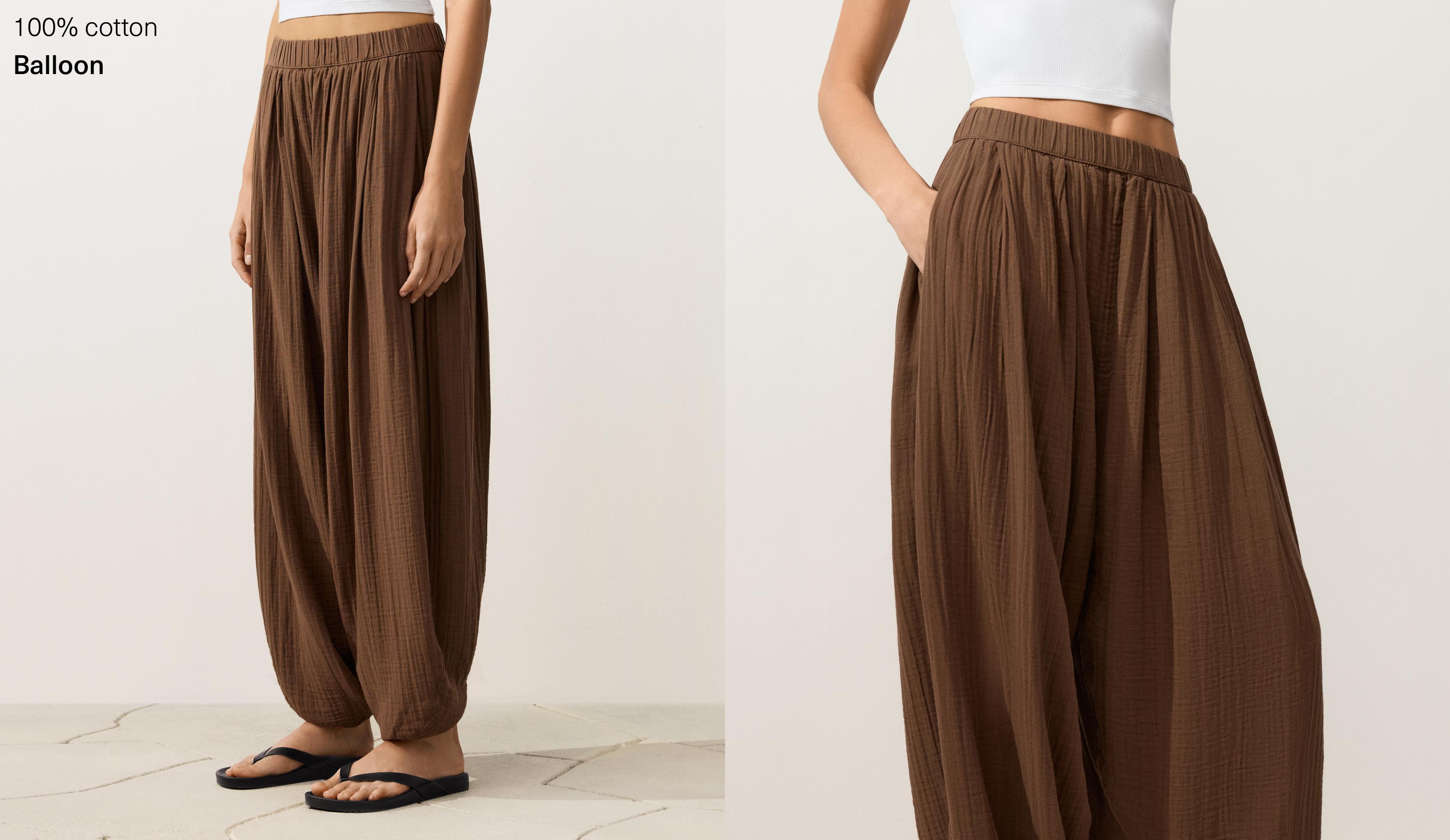 100% cotton muslin balloon trousers — TAN