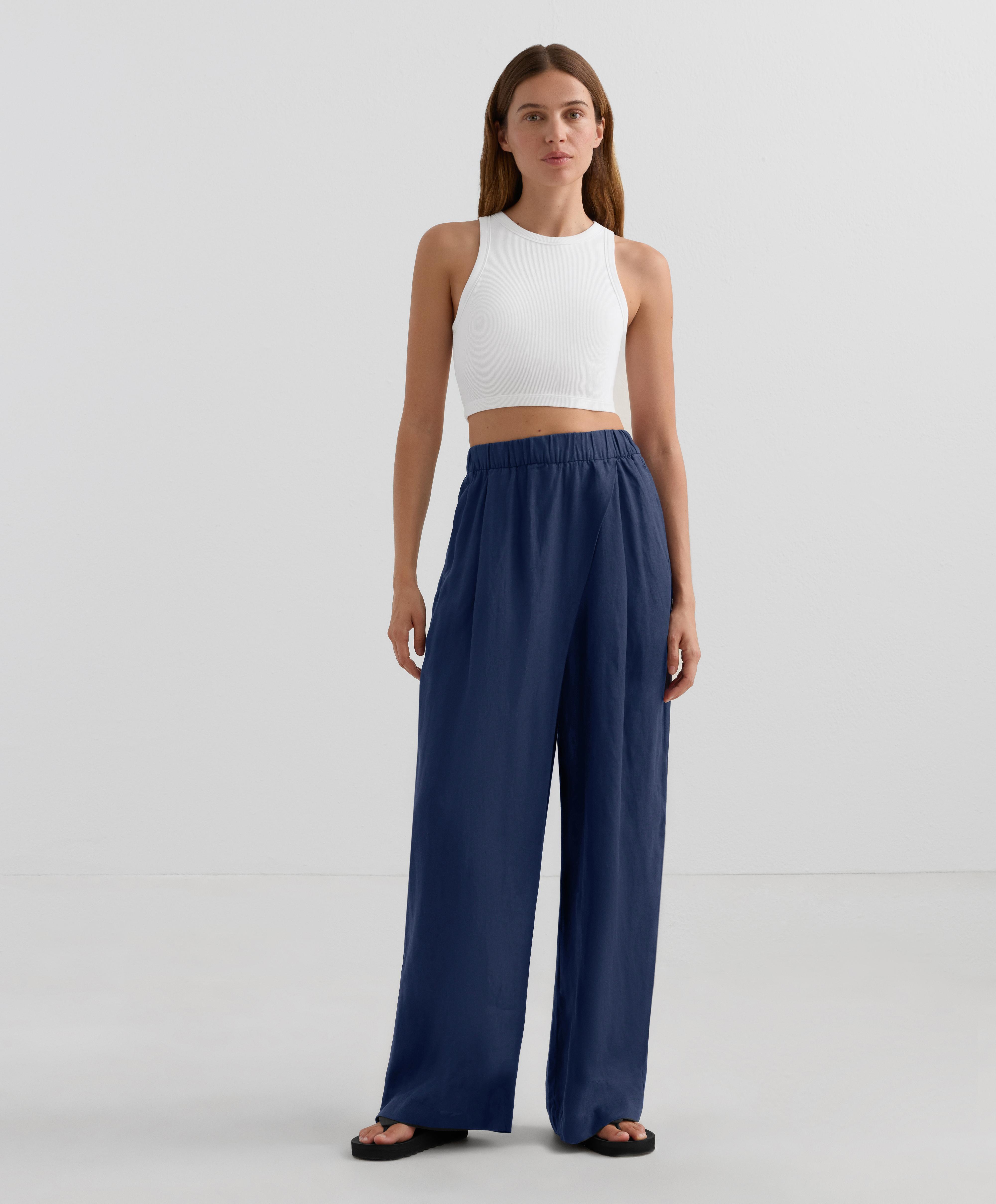 100% linen wide straight-leg trousers with crossover front - Sale 100% linen wide straight-leg trousers with crossover front - Sale