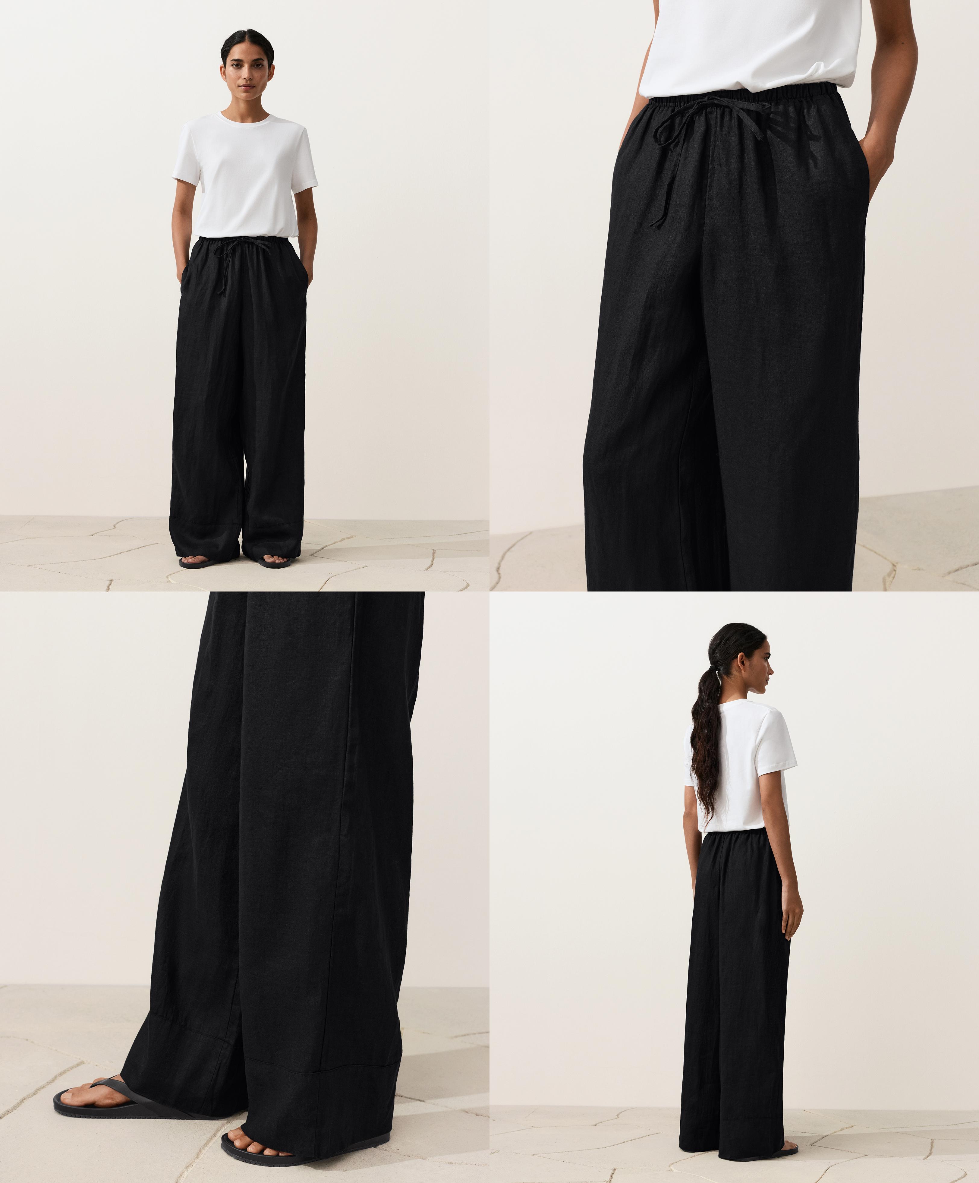 100% linen straight-leg trousers — BLACK