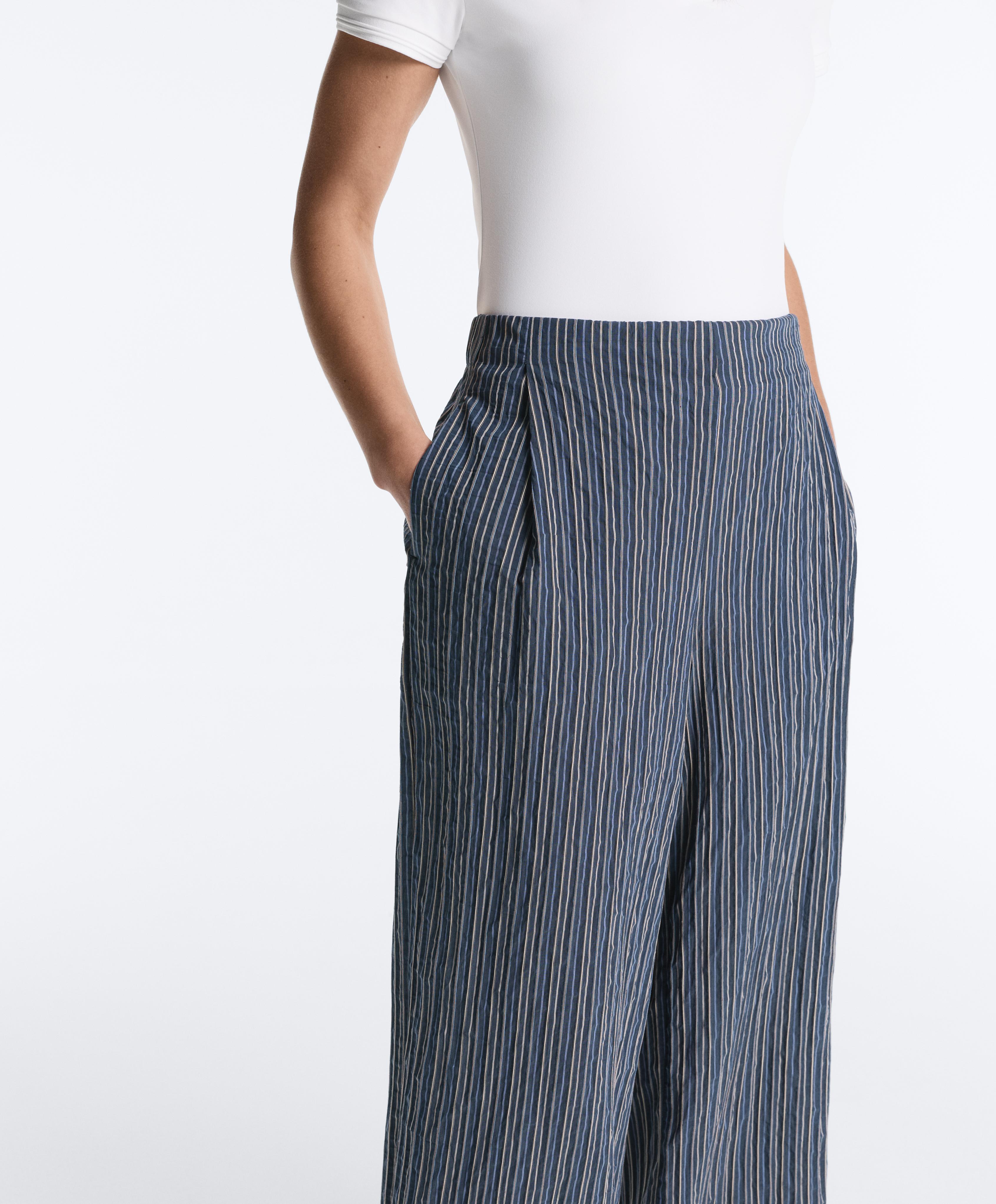 Wide leg cotton blend stripe trousers — DARK NAVY
