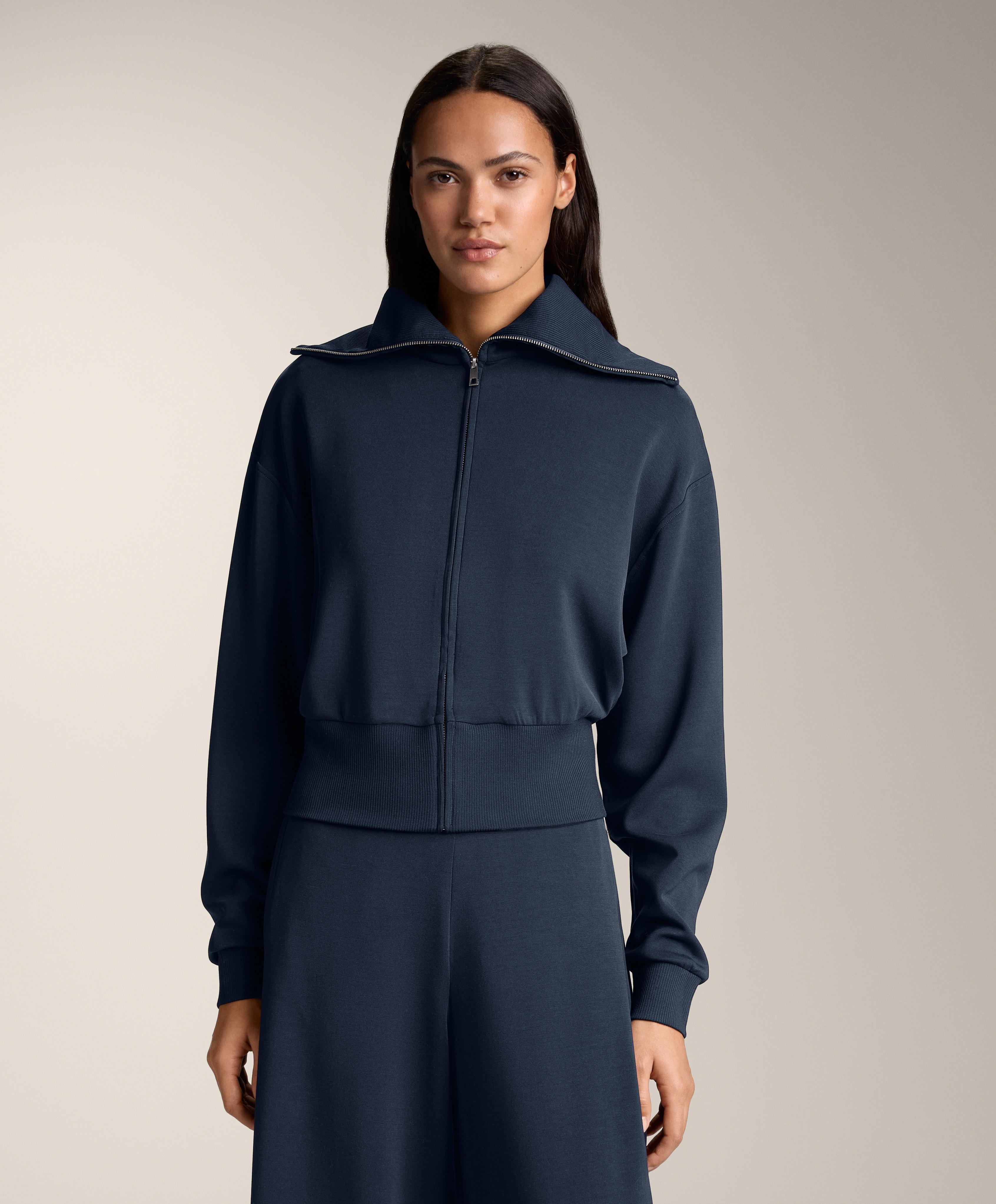 Fitted waist knit collar jacket with modal — NAVY BLUE