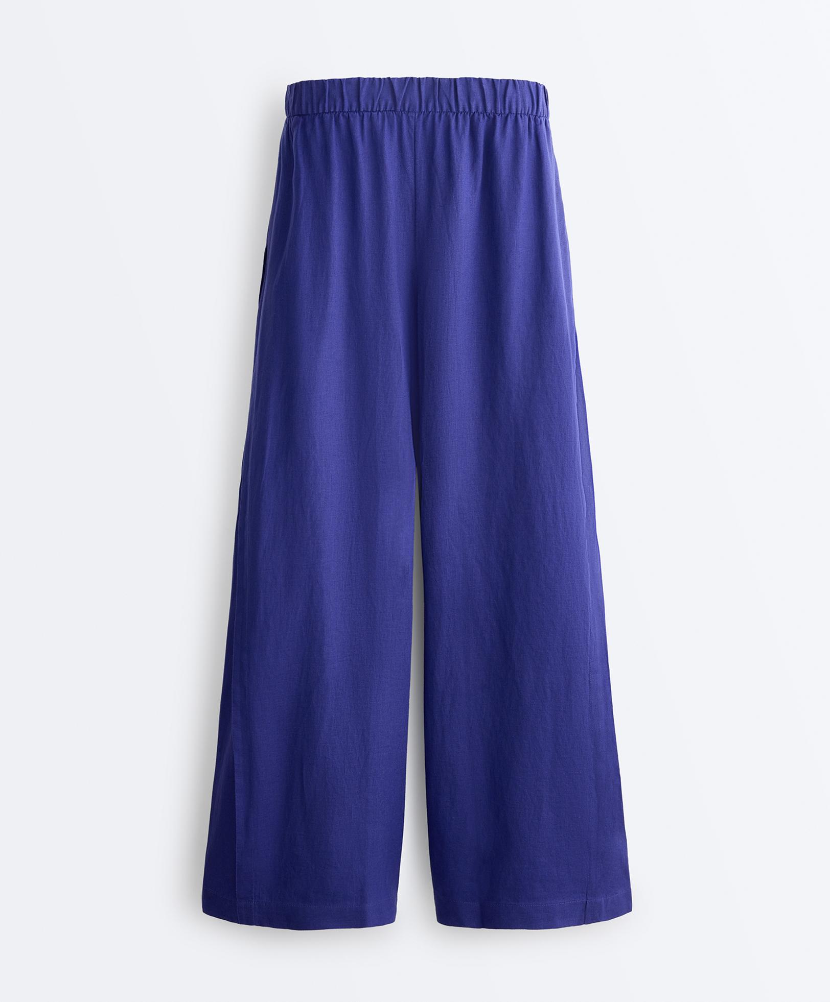 100% linen wide-leg trousers with side pleat — COBALT