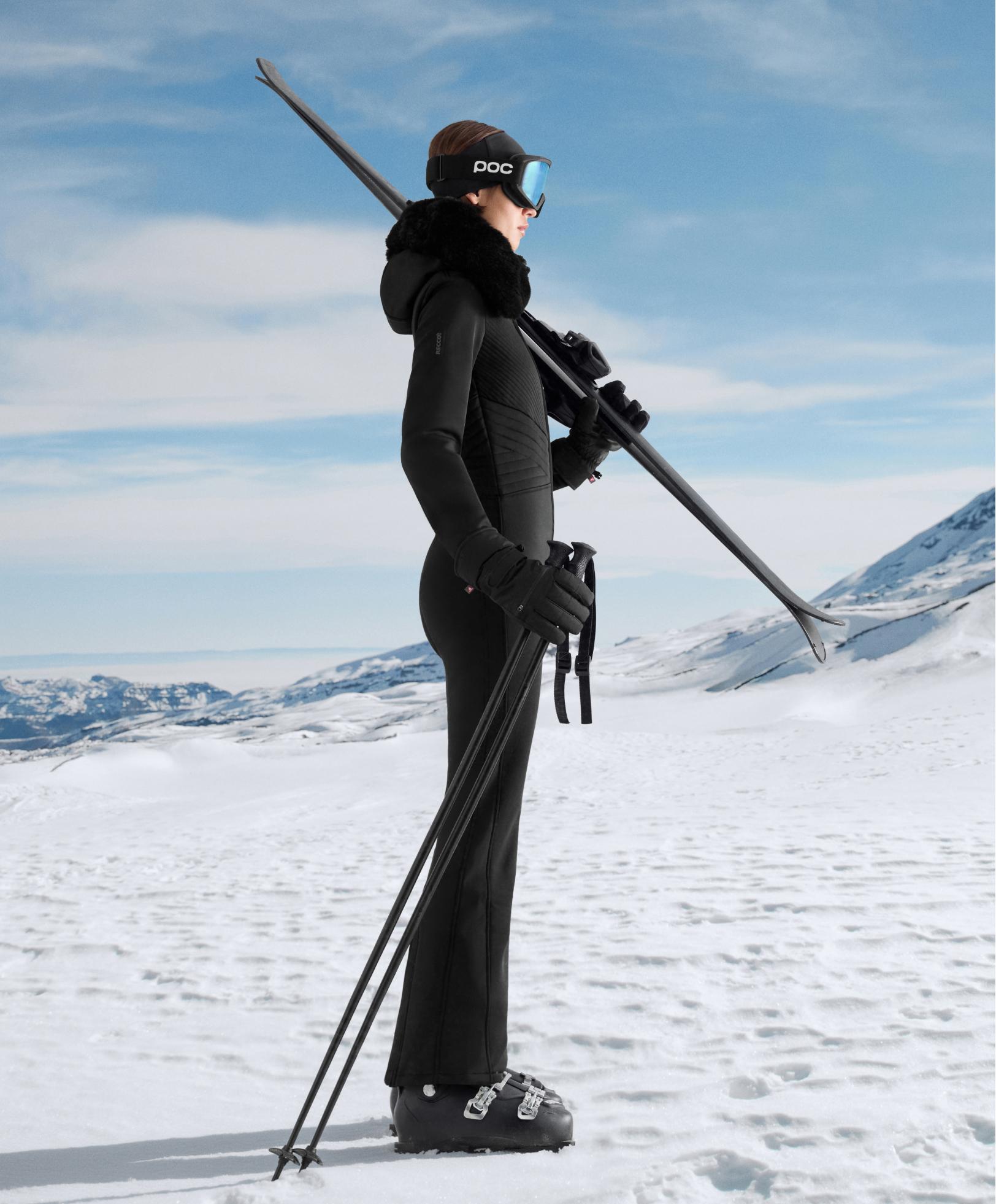 Water-resistant fitted stretch SKI jumpsuit — BLACK