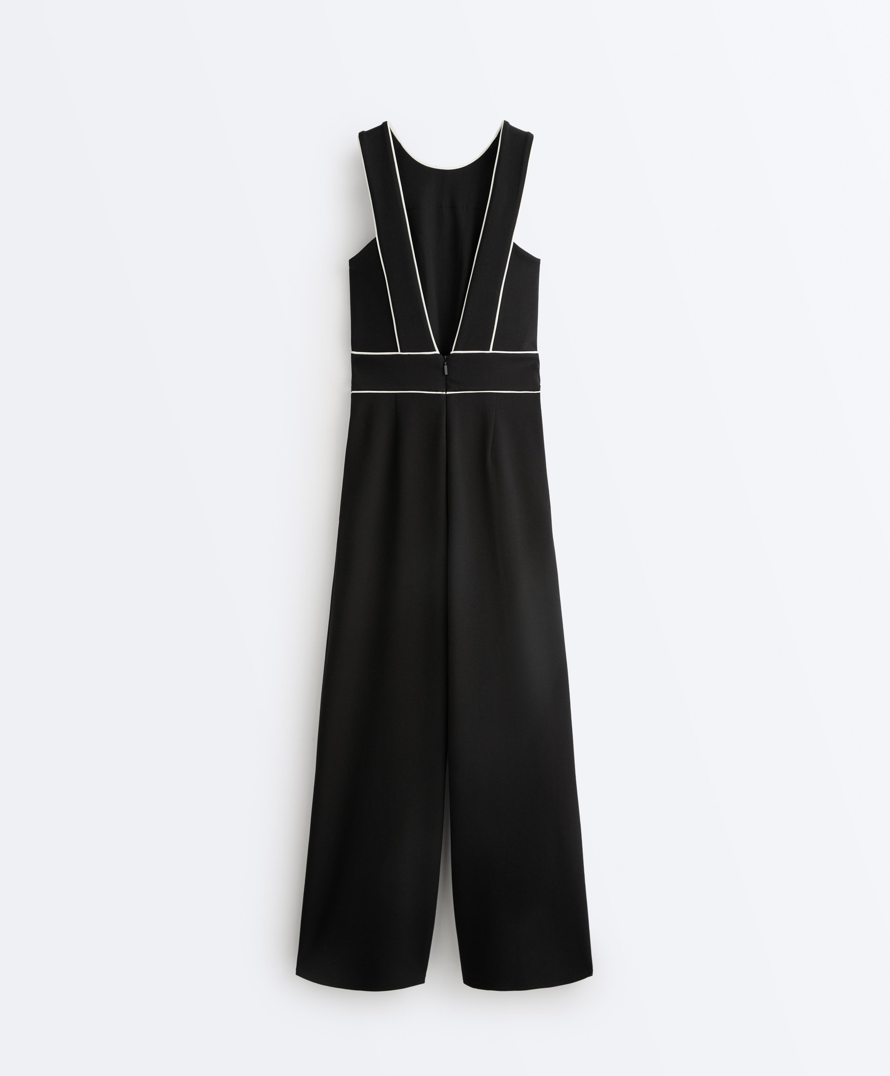 Long piping piqué jumpsuit with cotton — BLACK