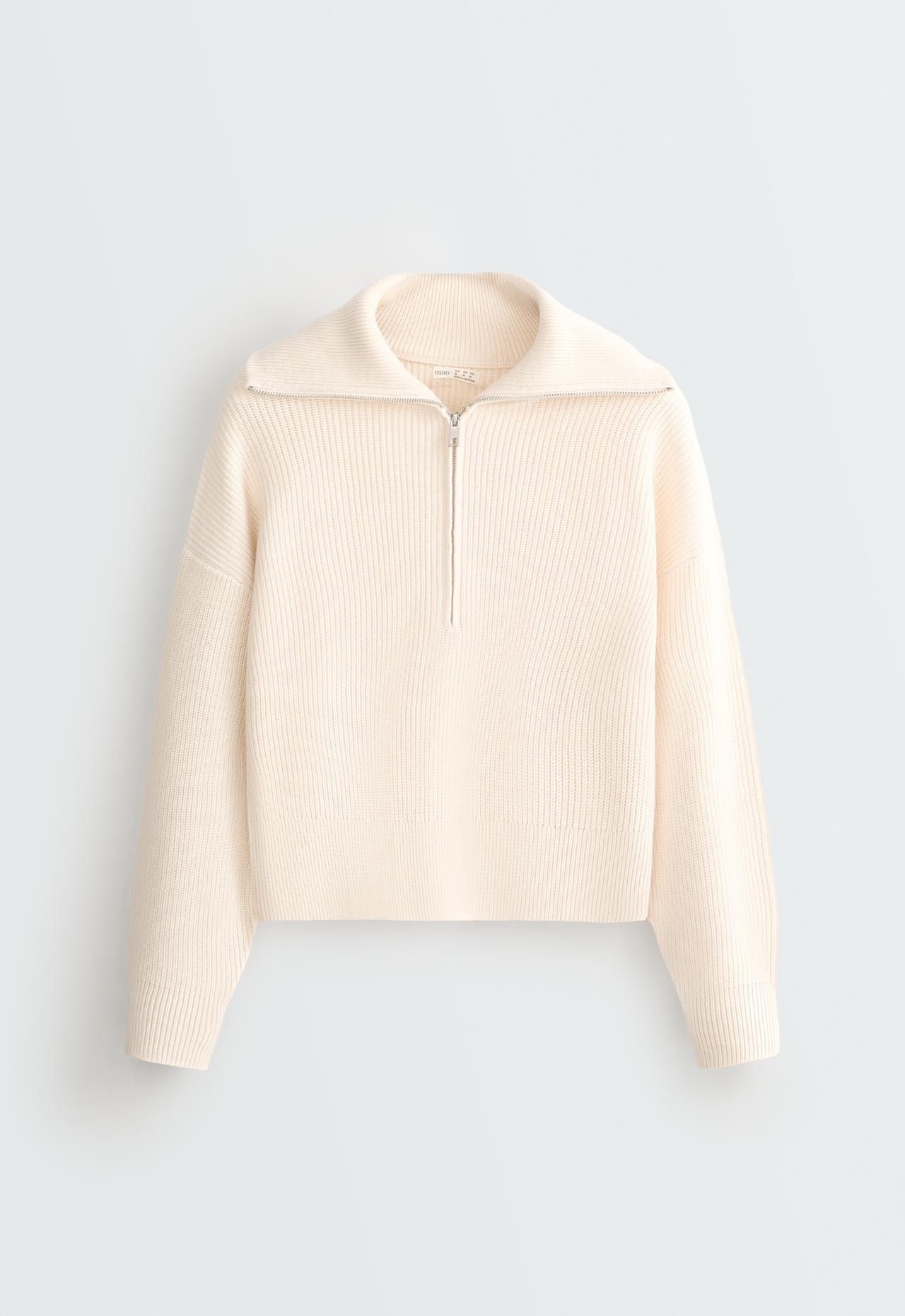Knit jumper with half zip, cotton and 18% wool — ECRU