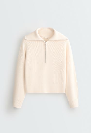 Knit jumper with half zip, cotton and 18% wool — ECRU 5
