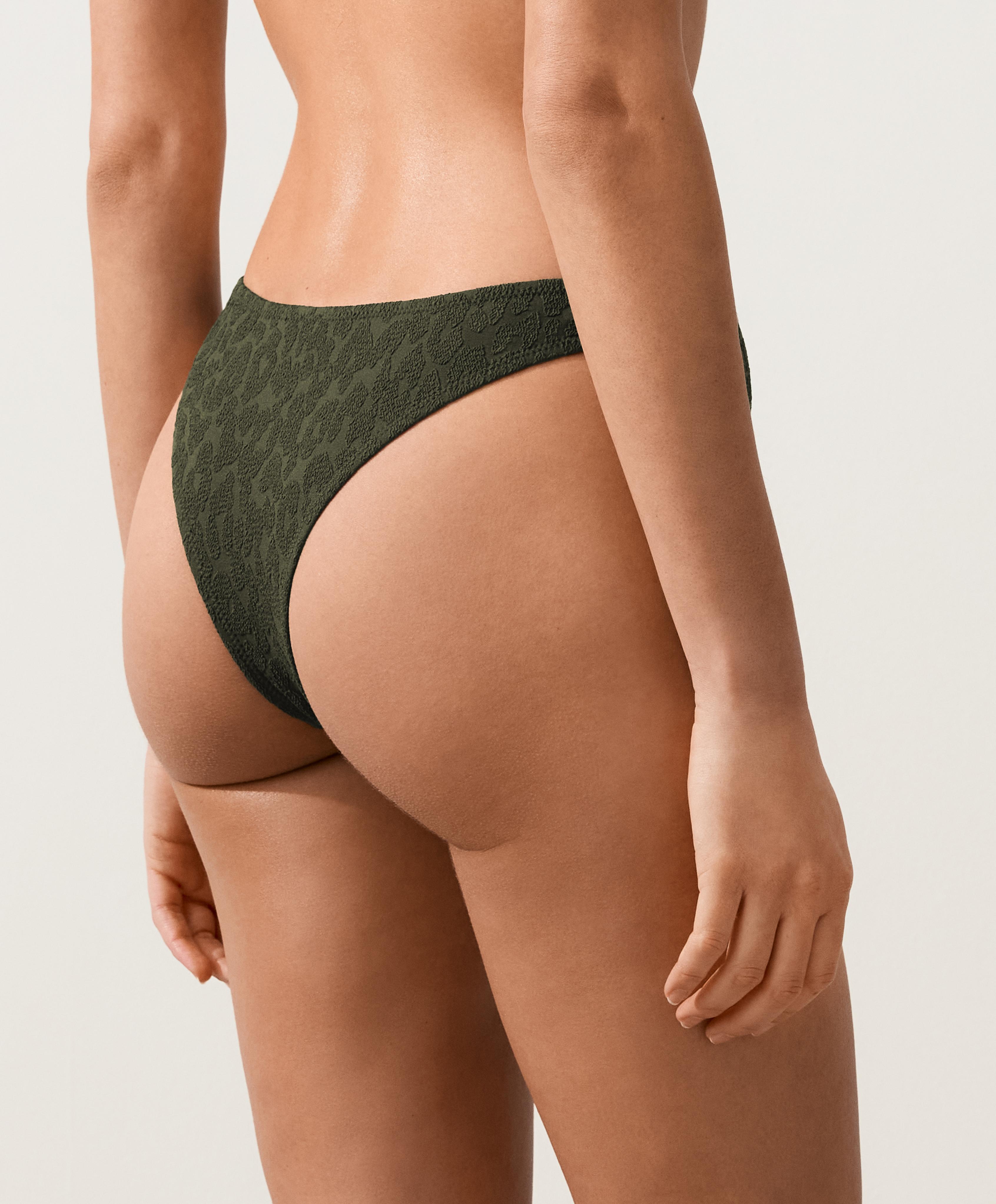 U-cut leopard print textured Brazilian bikini briefs — DARK KHAKI