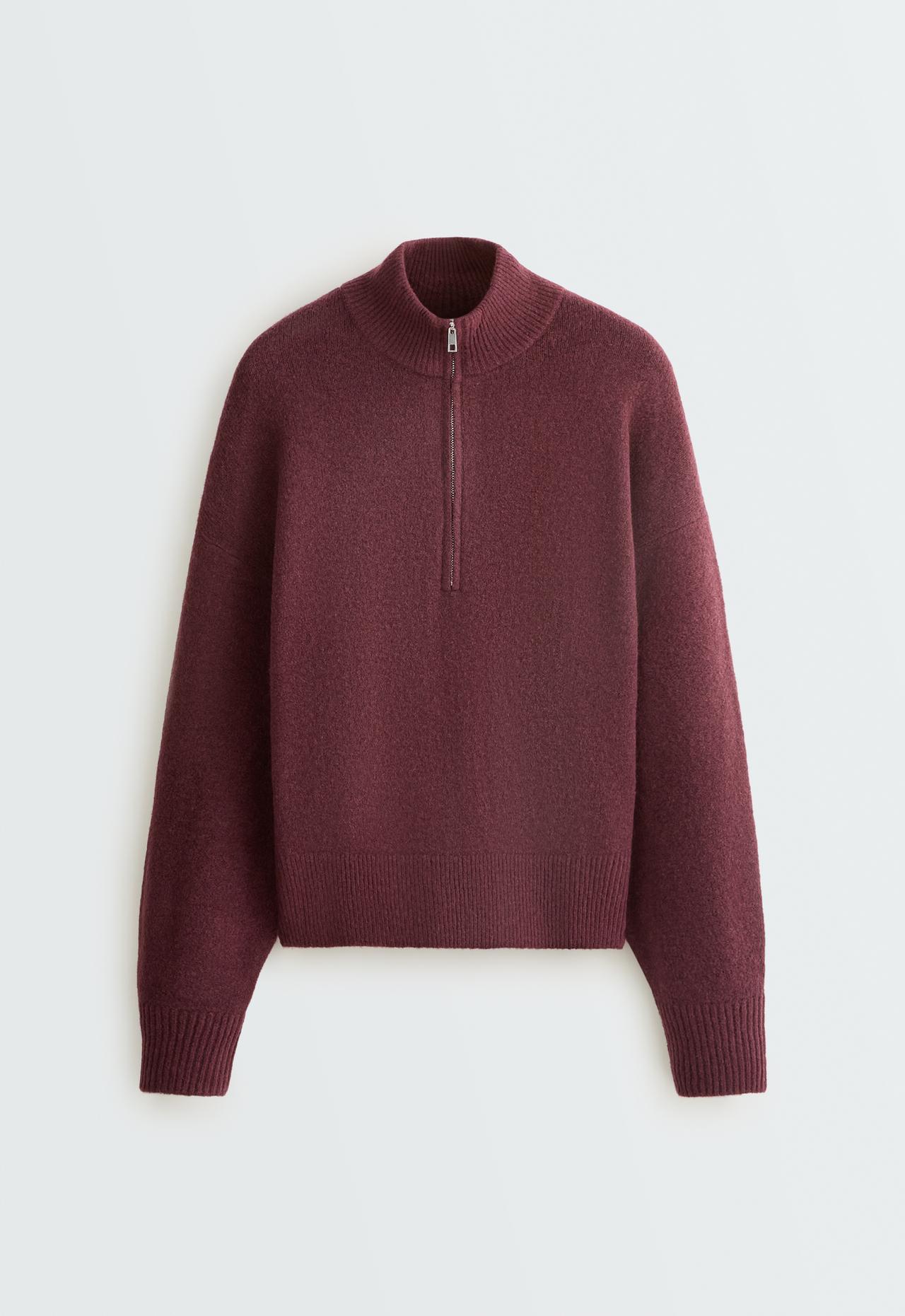 High-neck knit jumper with half-zip — BURGUNDY