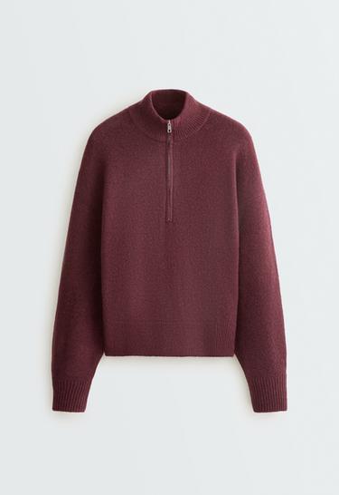 High-neck knit jumper with half-zip — BURGUNDY 5