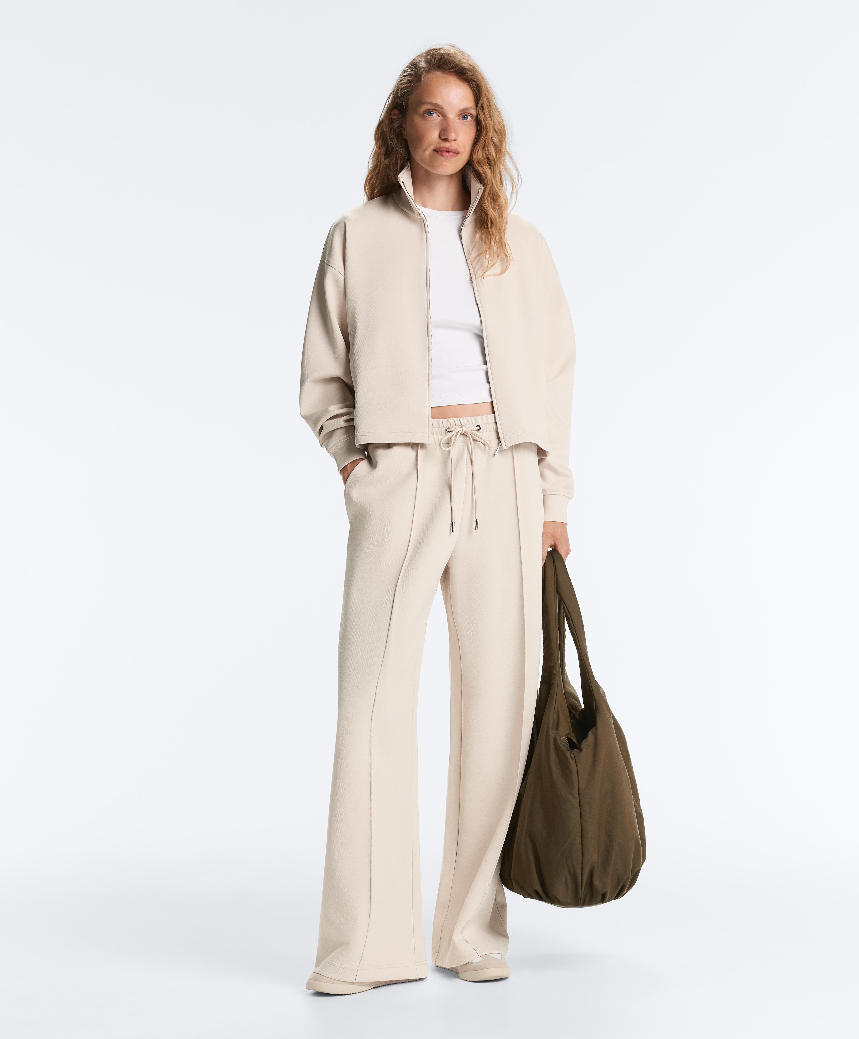 Cotton piqué straight-leg trousers with crease — PALE BEIGE