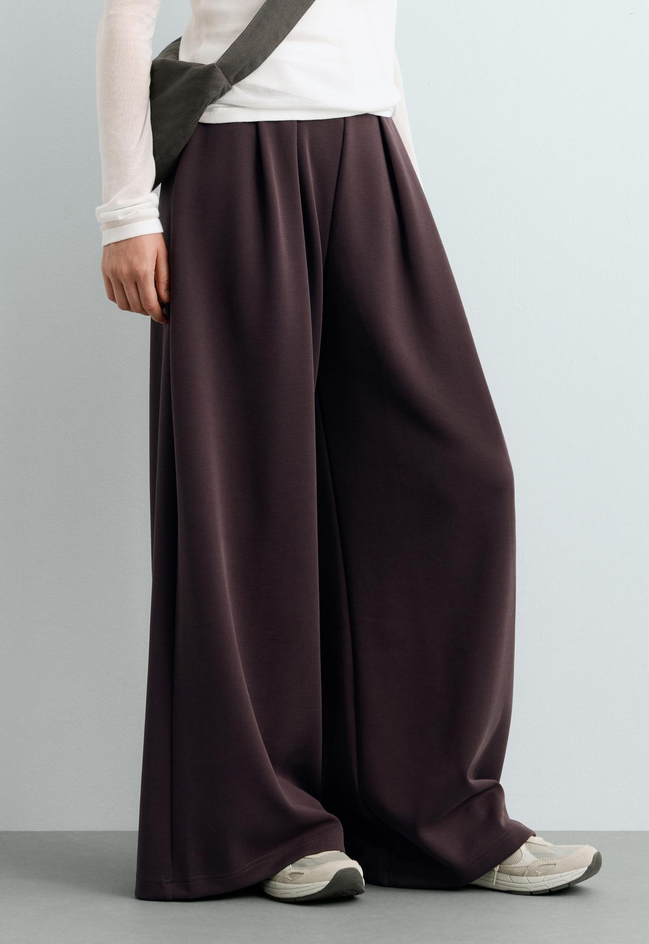 Wide-leg piqué trousers with modal — Purplish brown