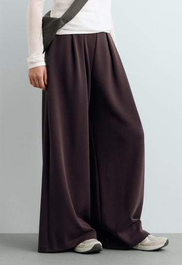 Wide-leg piqué trousers with modal — Purplish brown 3