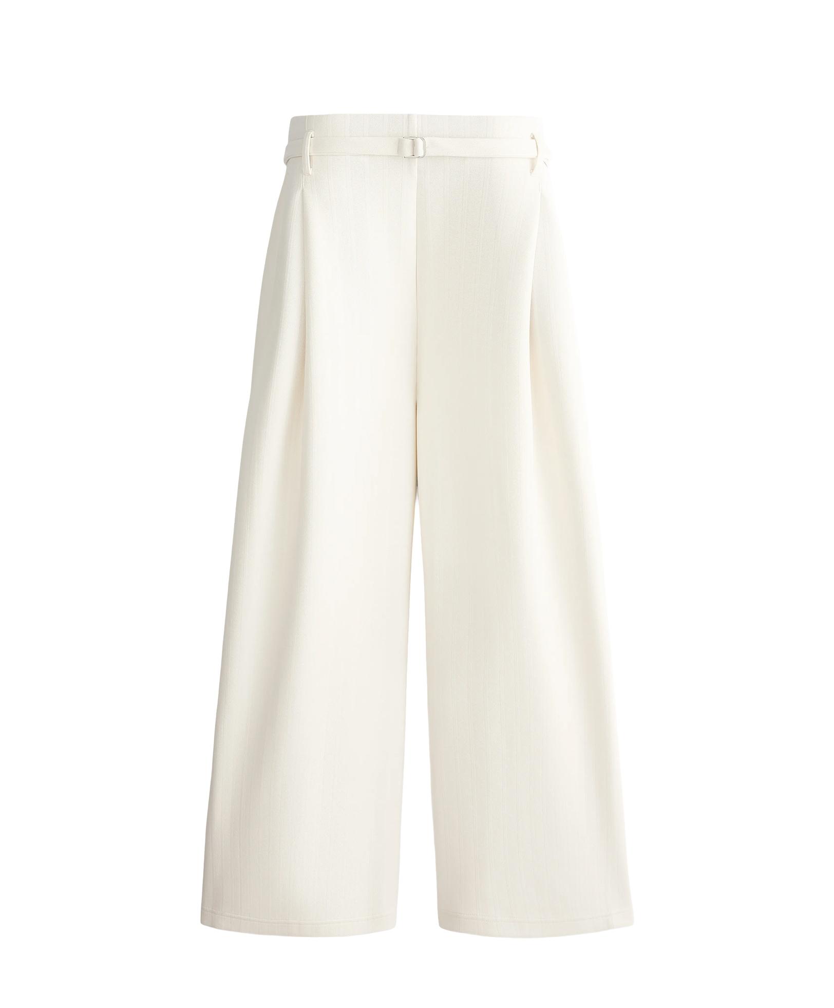 Striped cotton piqué wide-leg trousers — PALE ECRU