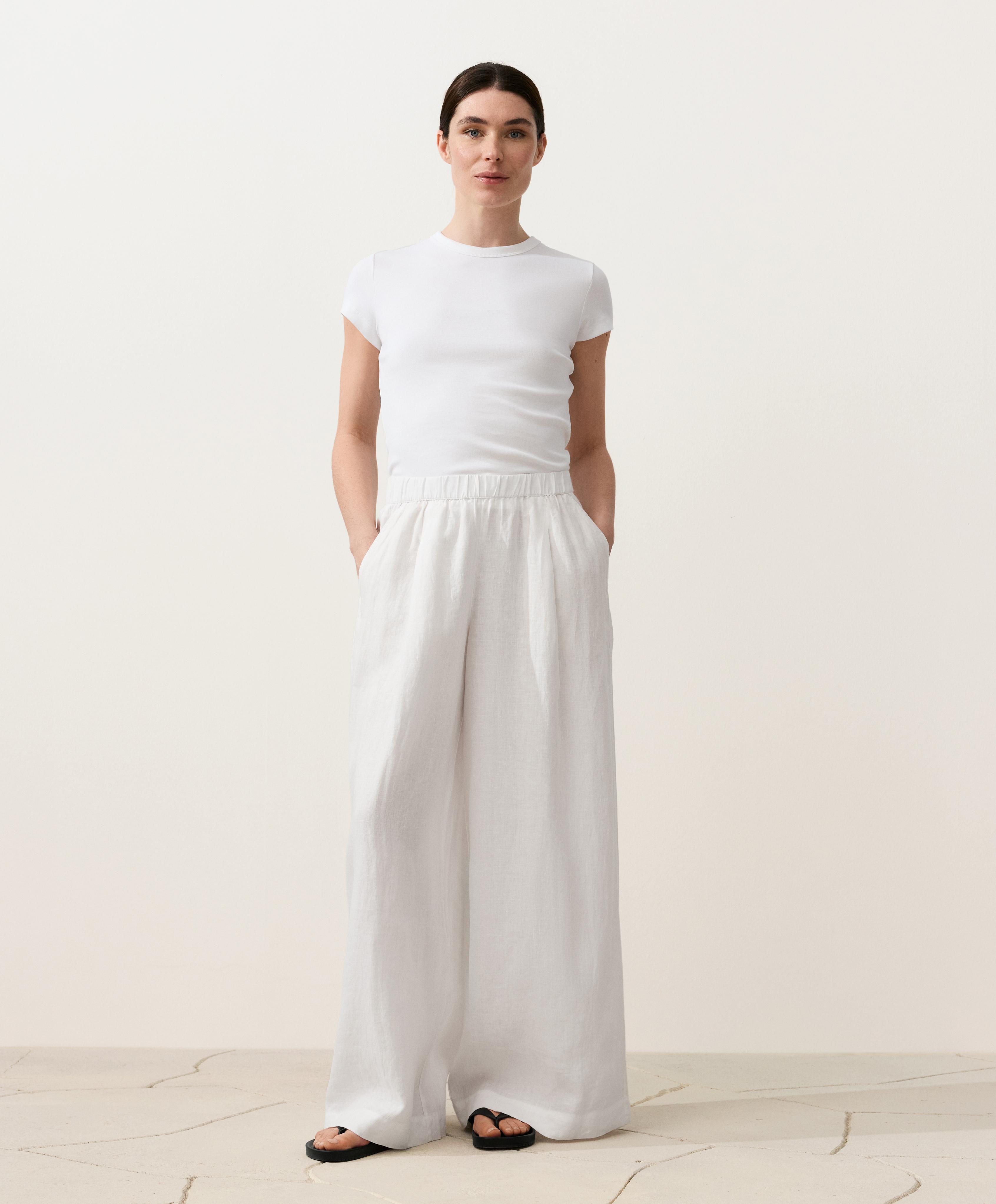 100% linen wide-leg trousers — WHITE