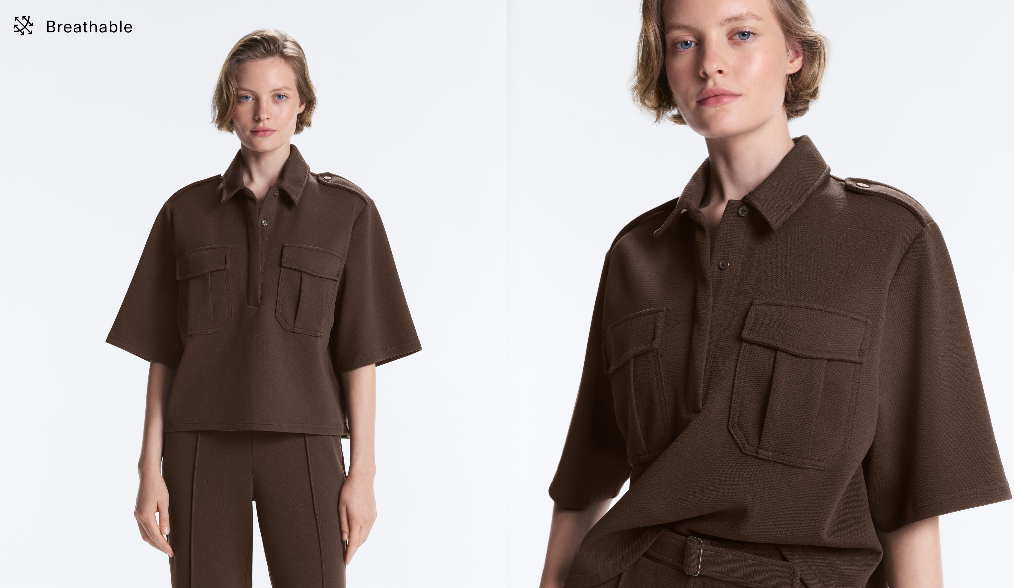 Utility short-sleeve sweatshirt with cotton piqué — DARK BROWN