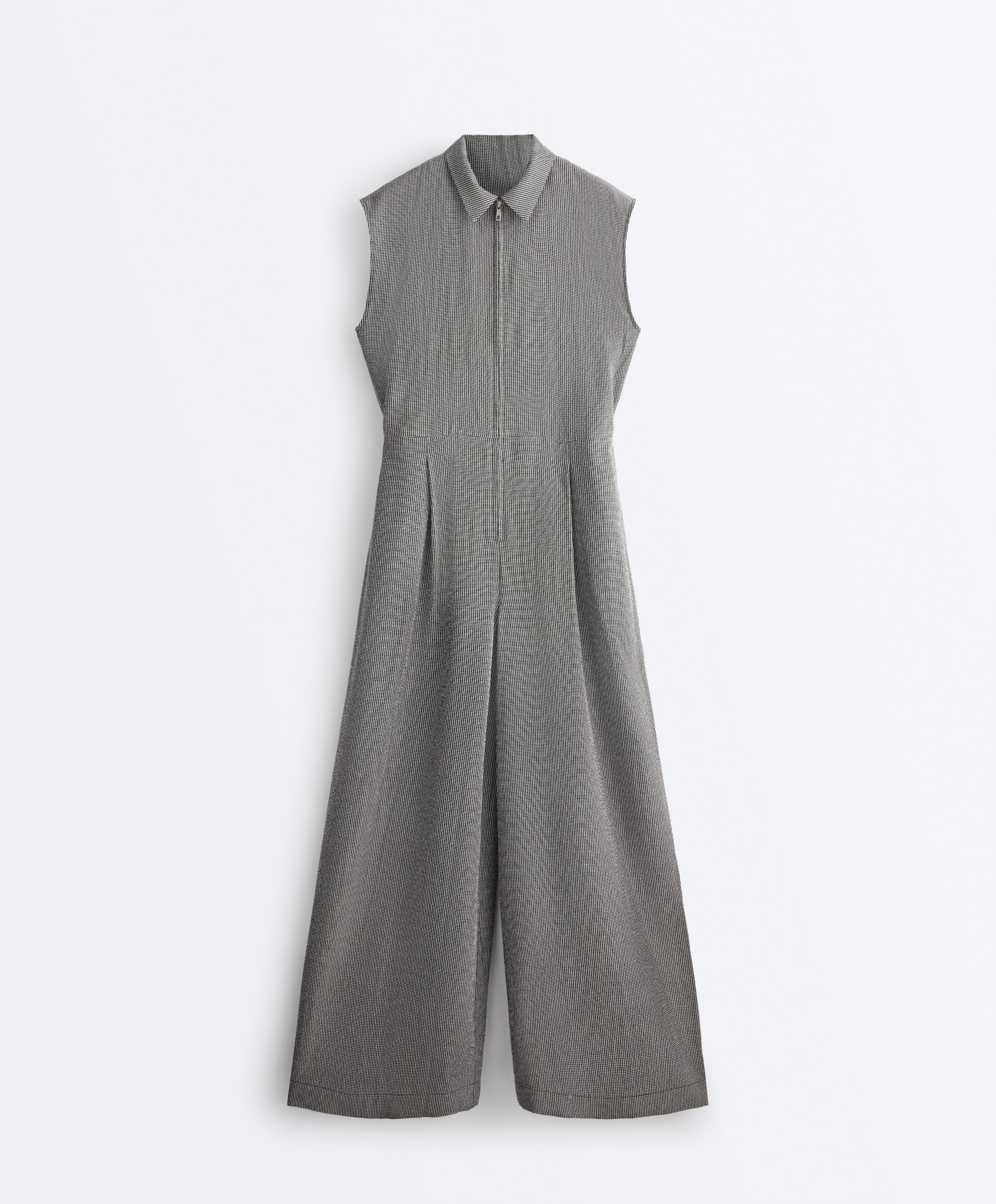 Long gingham jumpsuit with lapel collar and lyocell blend — DUSTY BLACK