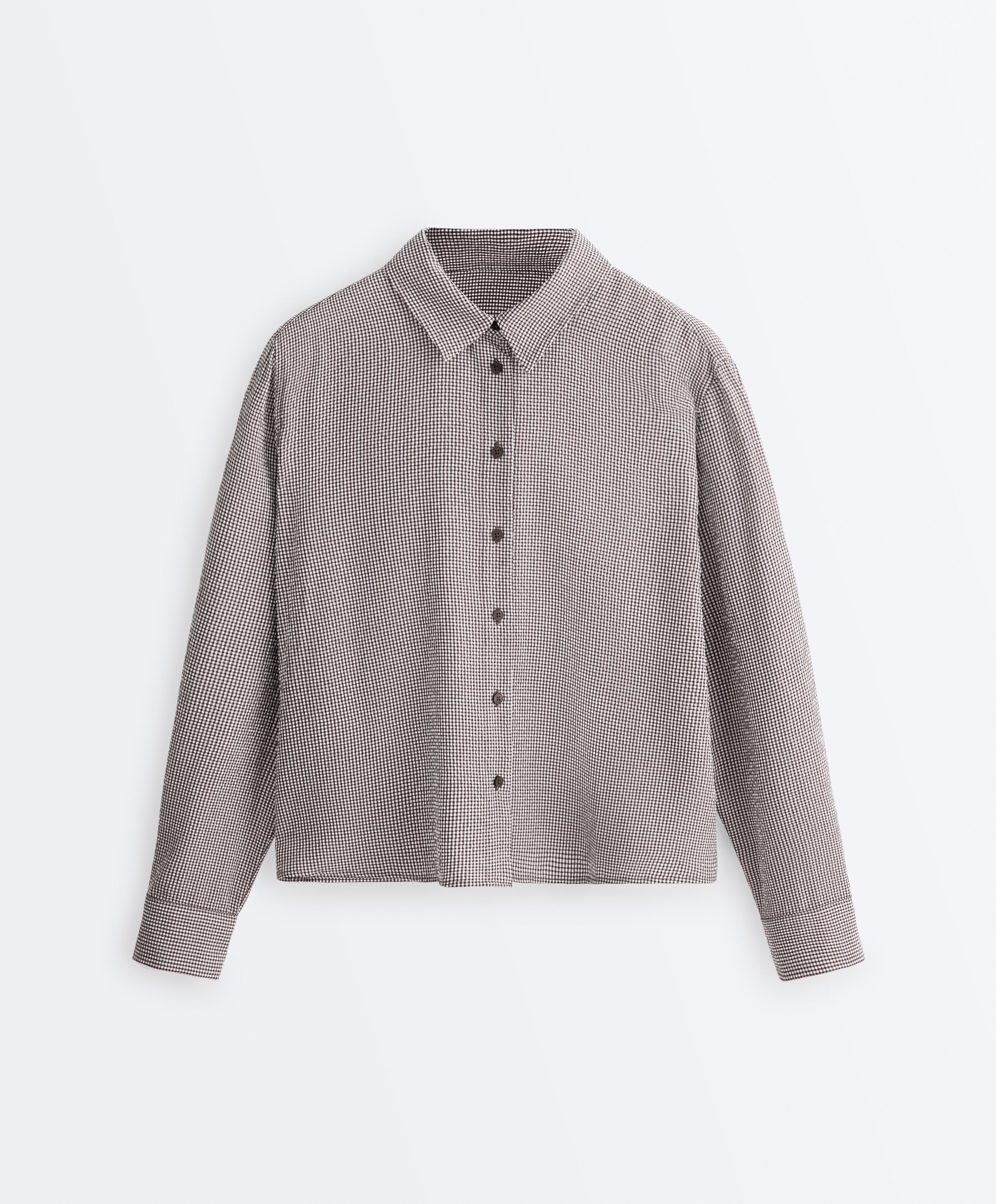 Short gingham lyocell blend shirt — DARK REDDISH‑BROWN