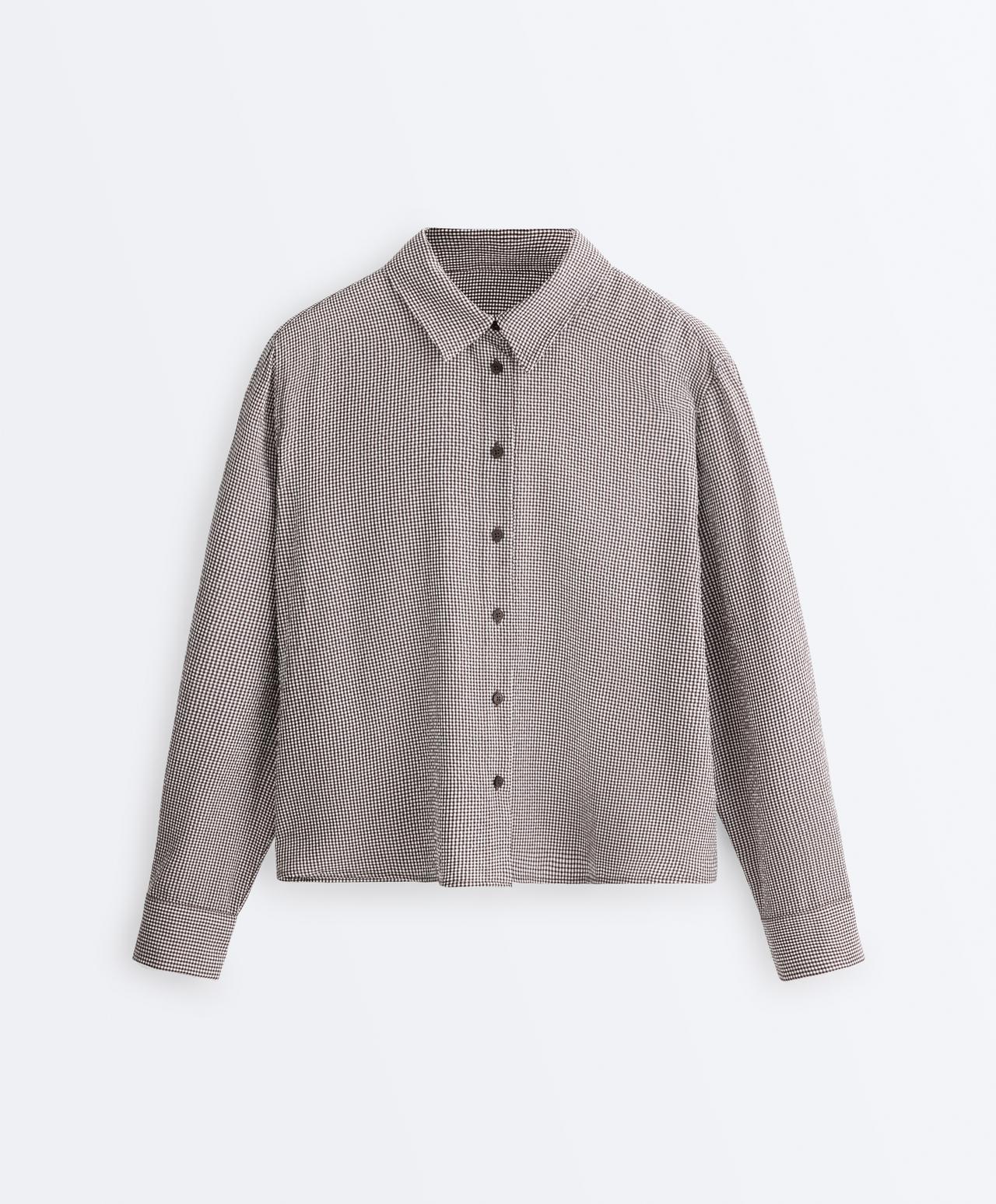 Short gingham lyocell blend shirt — DARK REDDISH‑BROWN