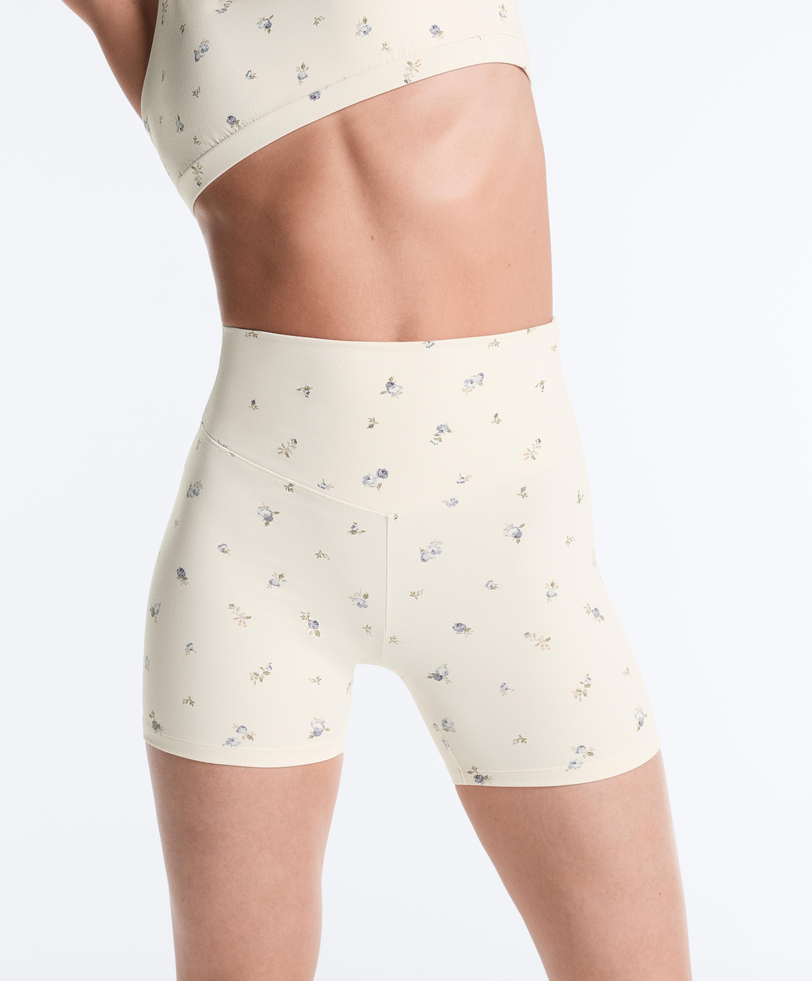 Evermove high-rise 10cm hot pants with floral print — PALE ECRU