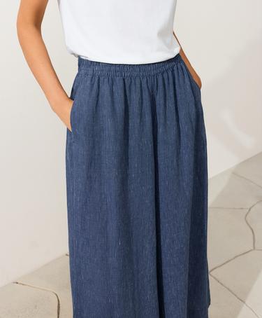 100% linen super wide-leg cropped trousers — BLUE MELANGE 3