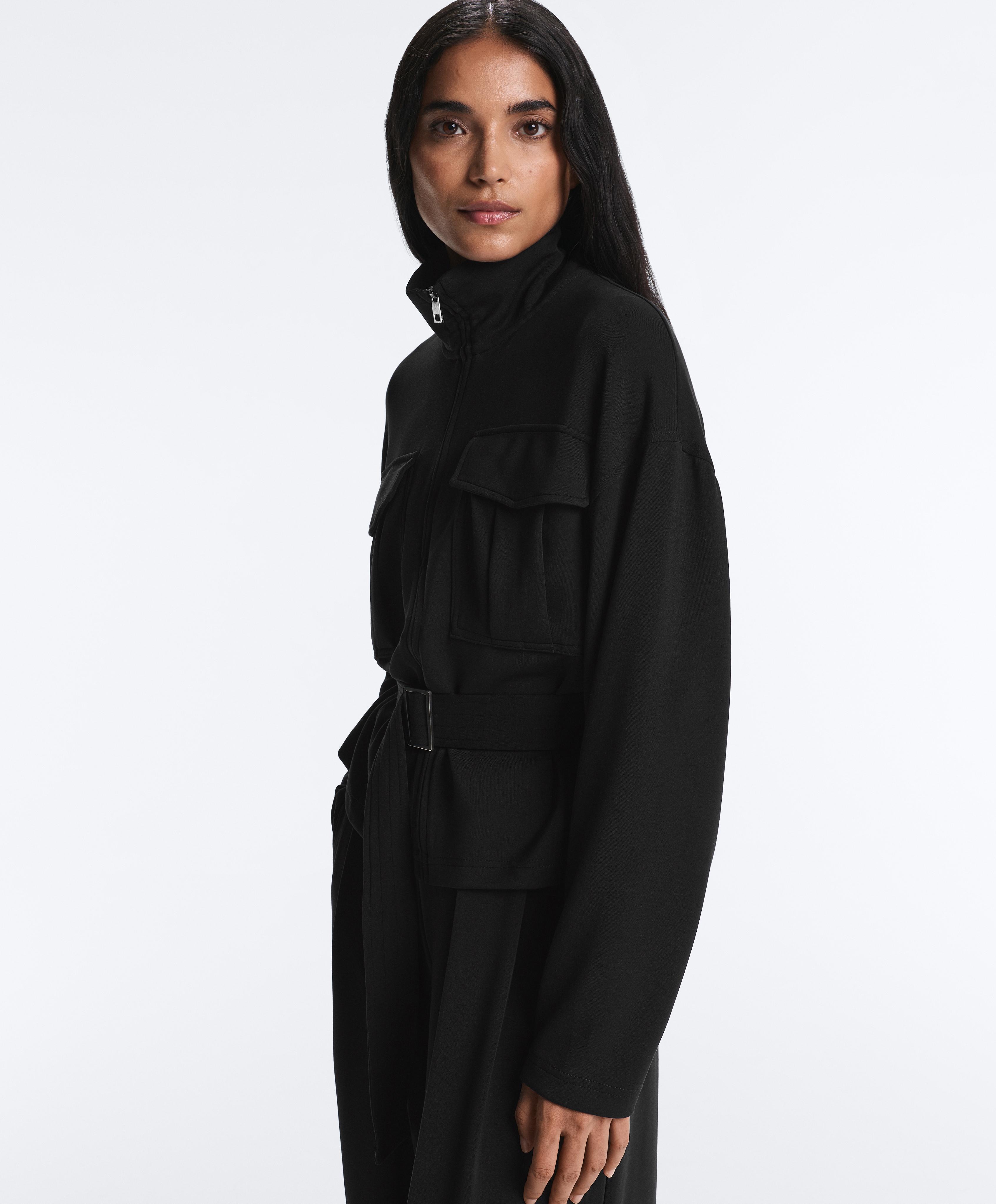 Soft-touch belted jacket with modal — BLACK