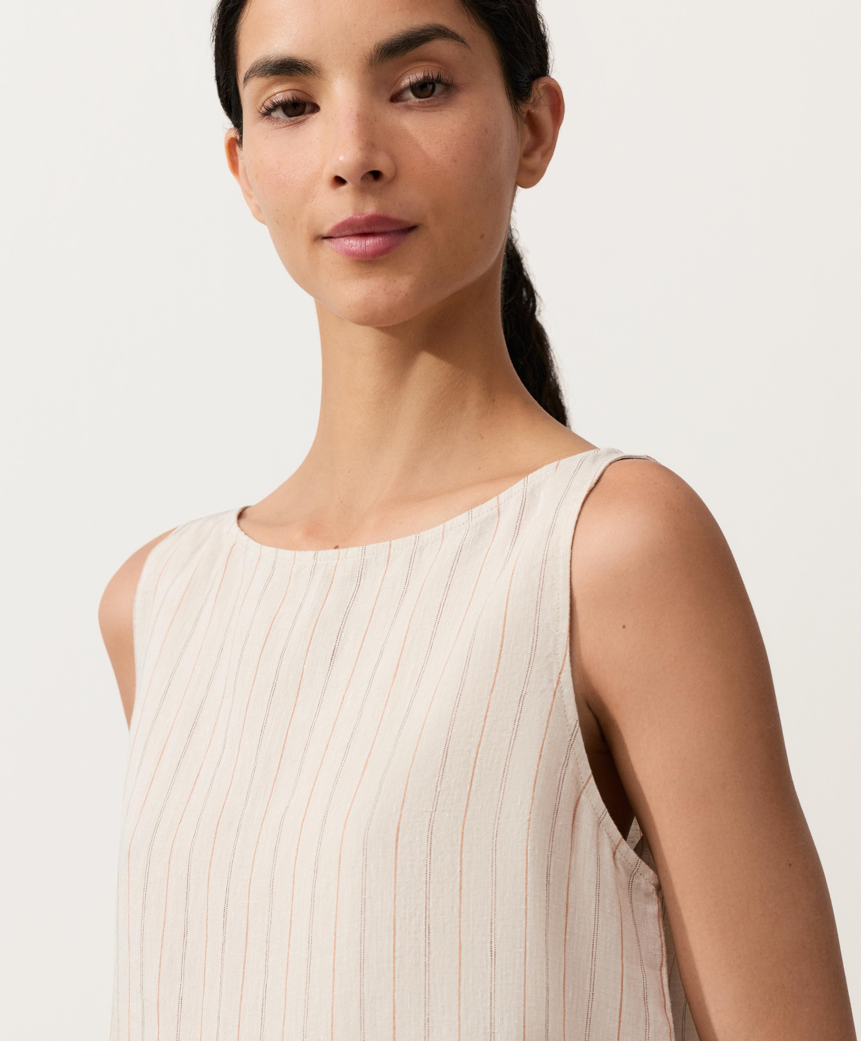 100% linen striped square top — SAND MELANGE