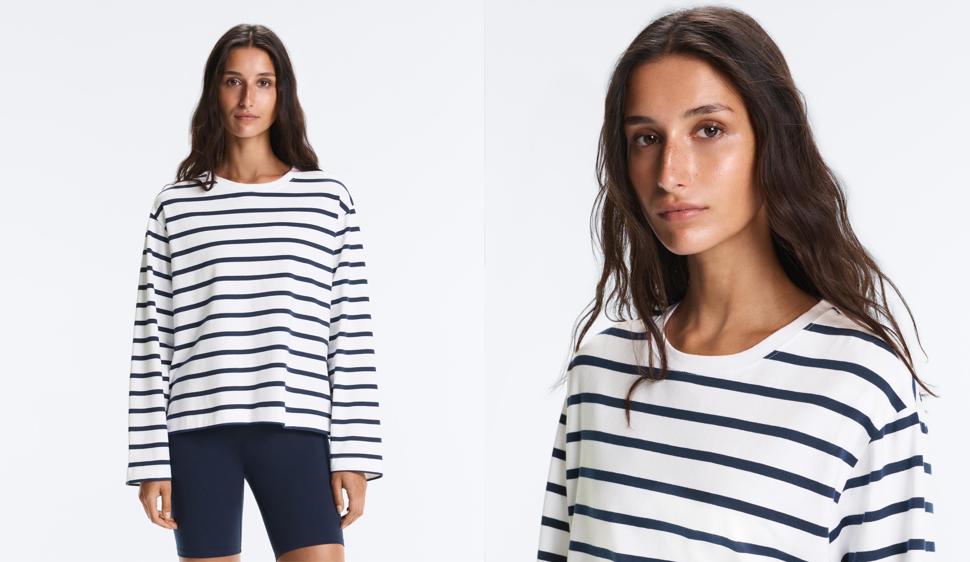 Boxy oversize striped cotton blend long sleeve T-shirt — NAVY BLUE