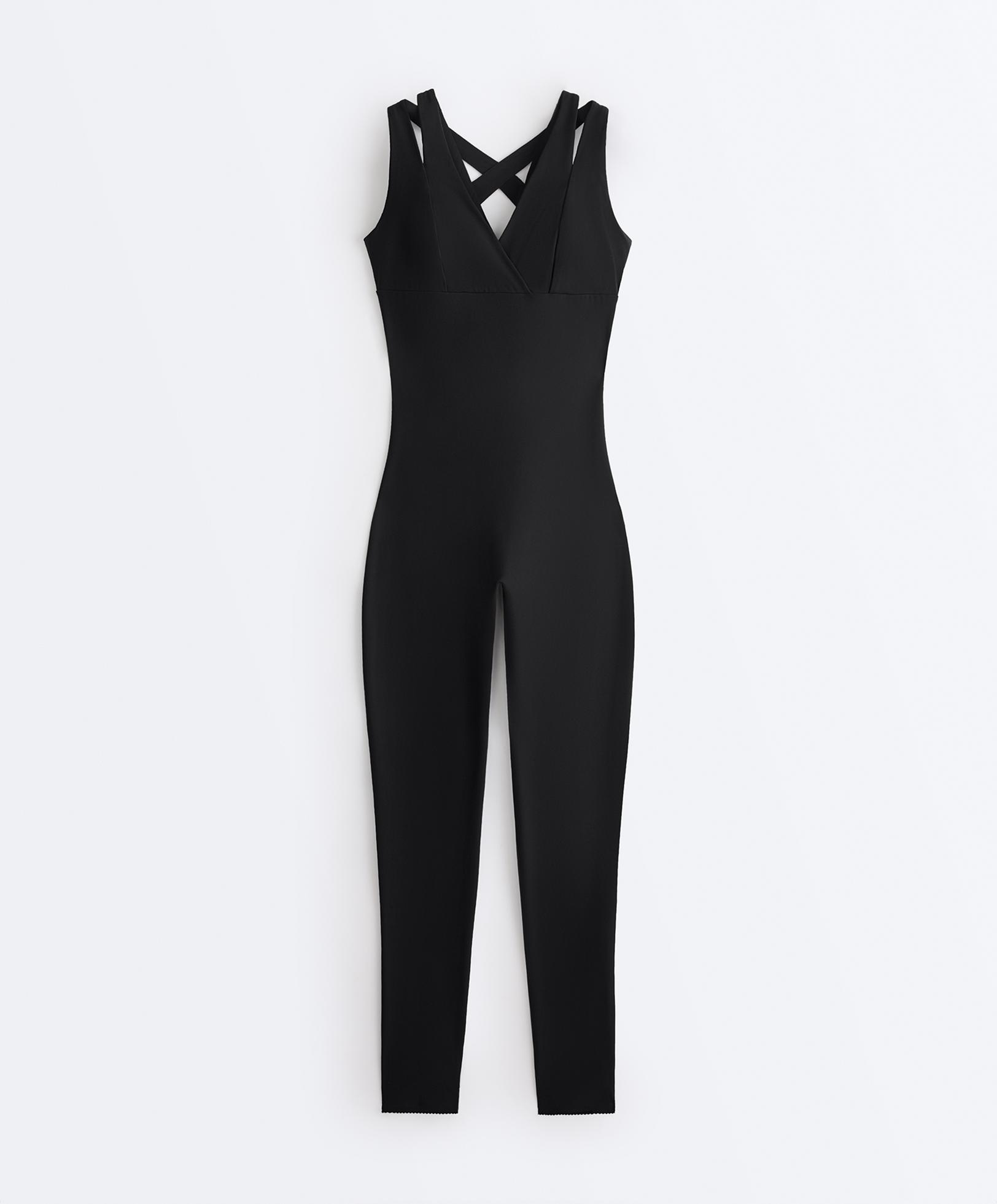 Compressive long jumpsuit with double strap — BLACK
