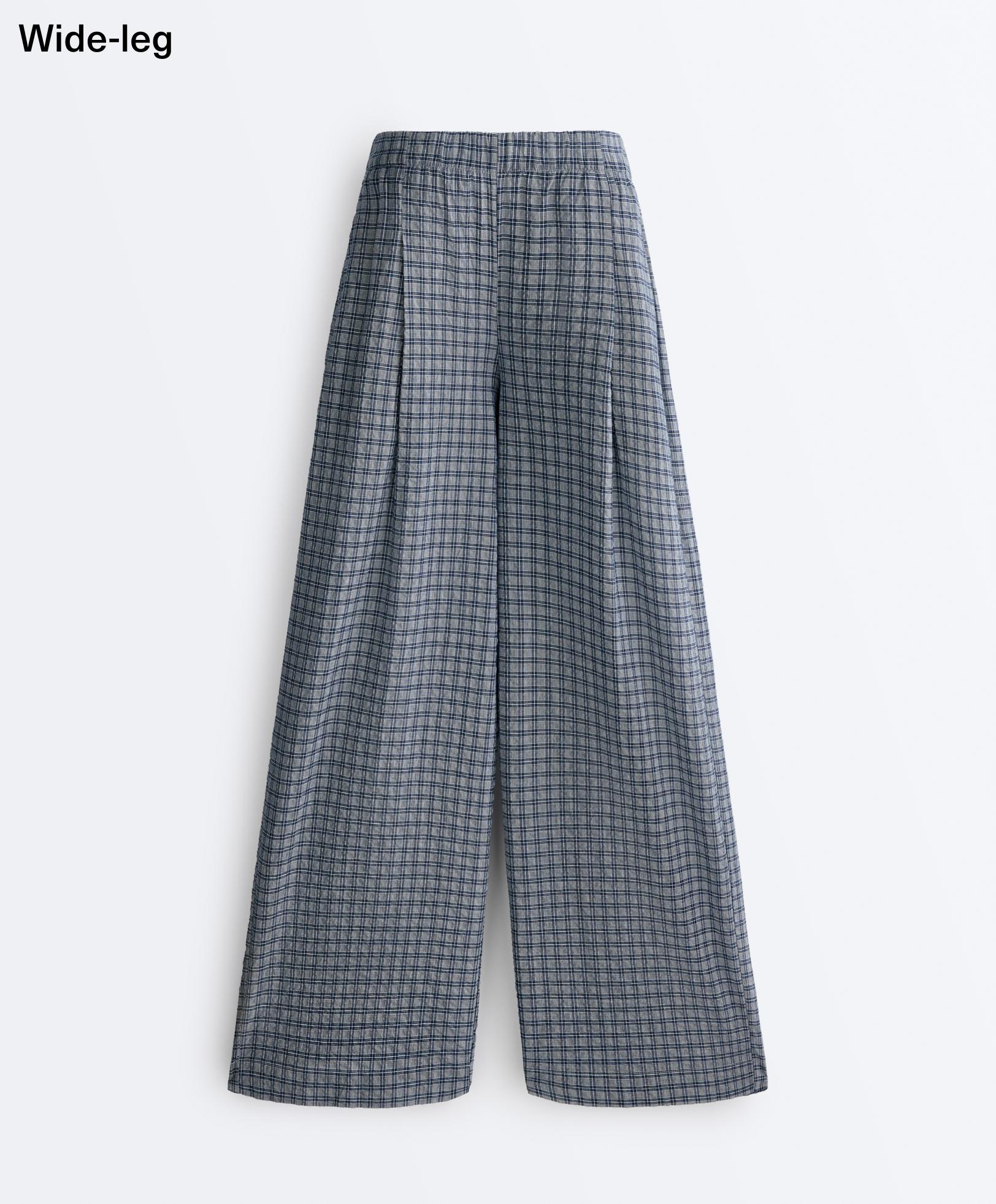 Check cotton blend wide-leg trousers — GREY-BLUE