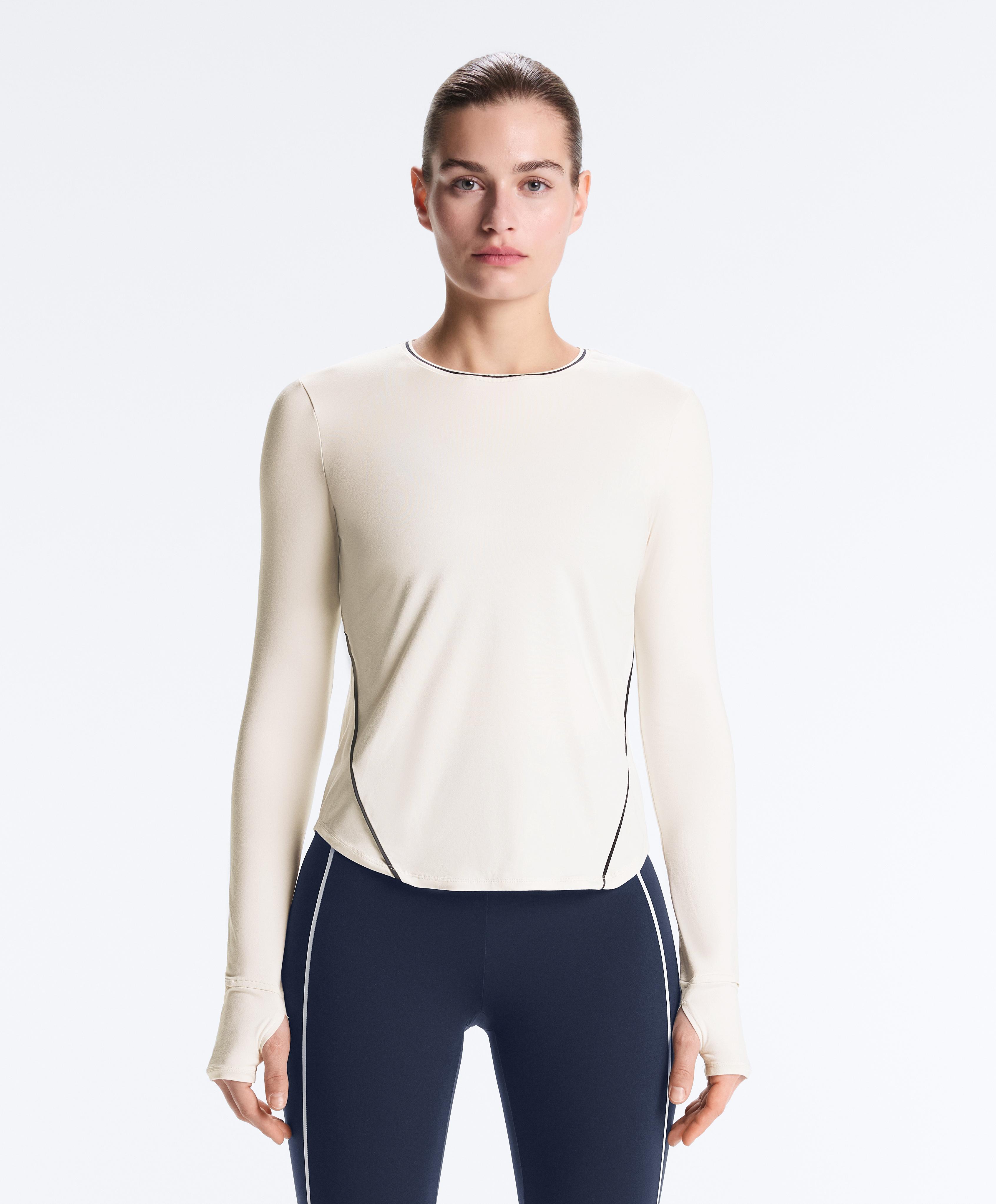 Long-sleeve technical piping T-shirt — PALE ECRU