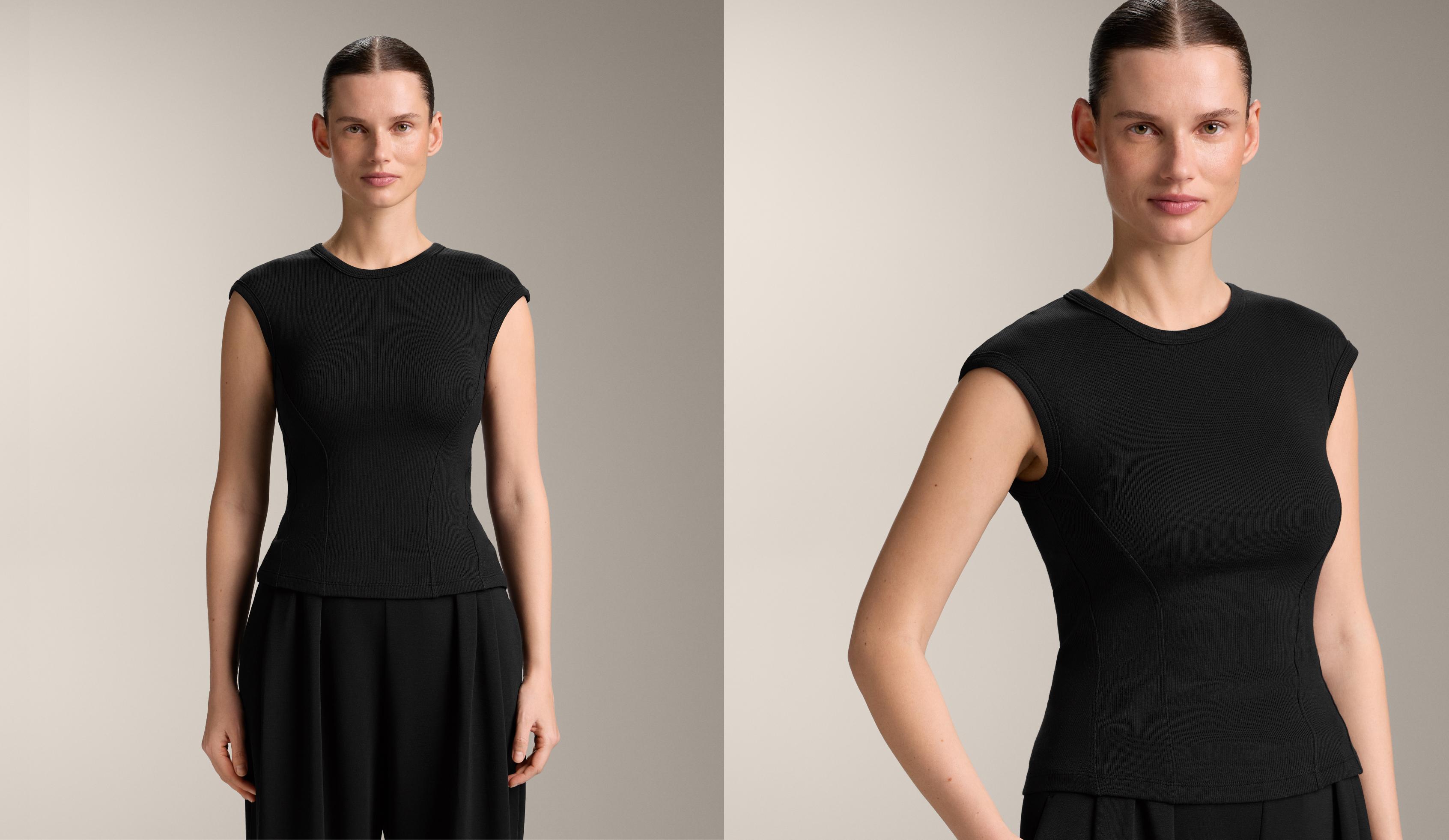 Short-sleeved rib top with cotton and modal — BLACK