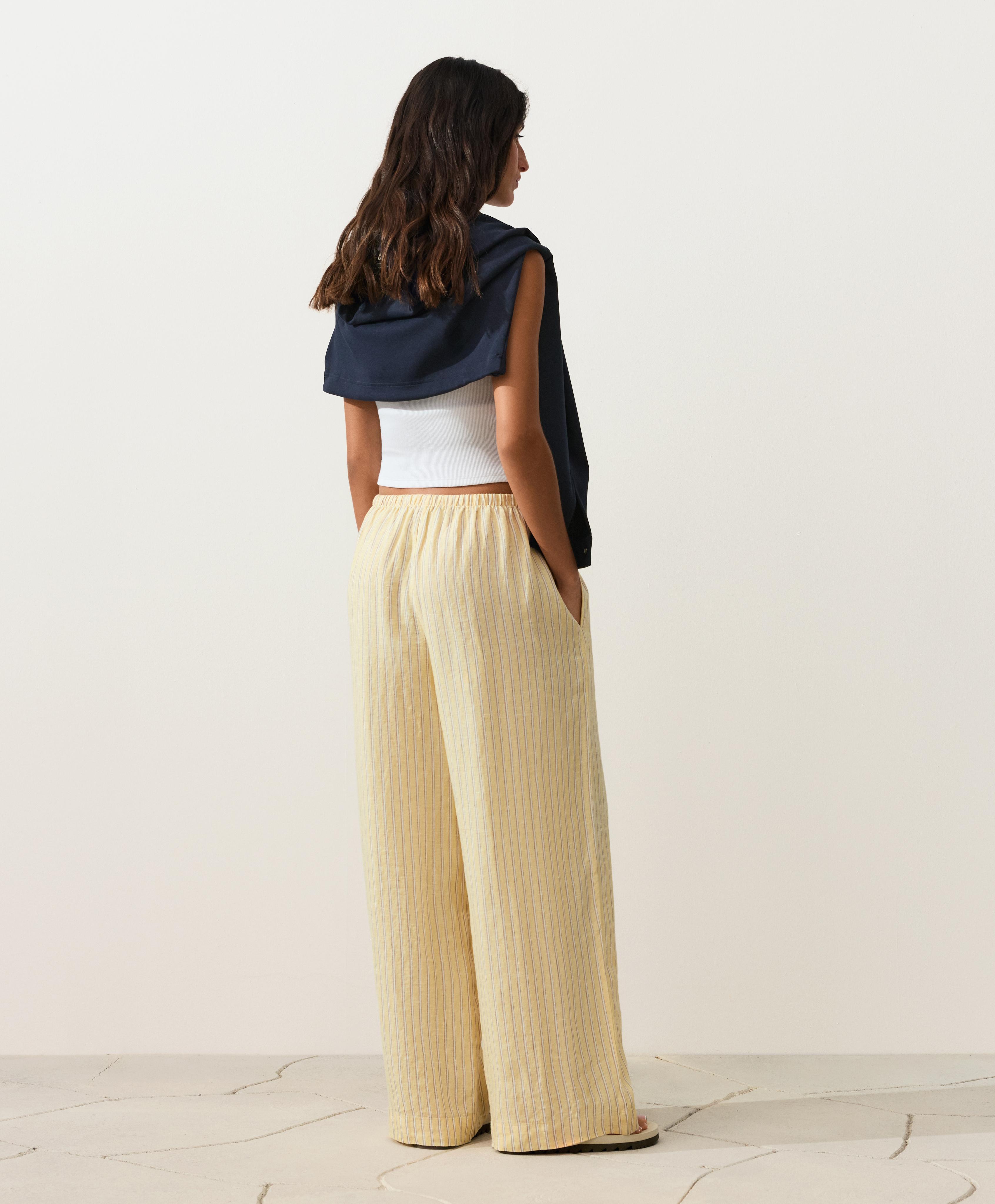 100% linen straight-leg print stripe trousers — SOFT YELLOW