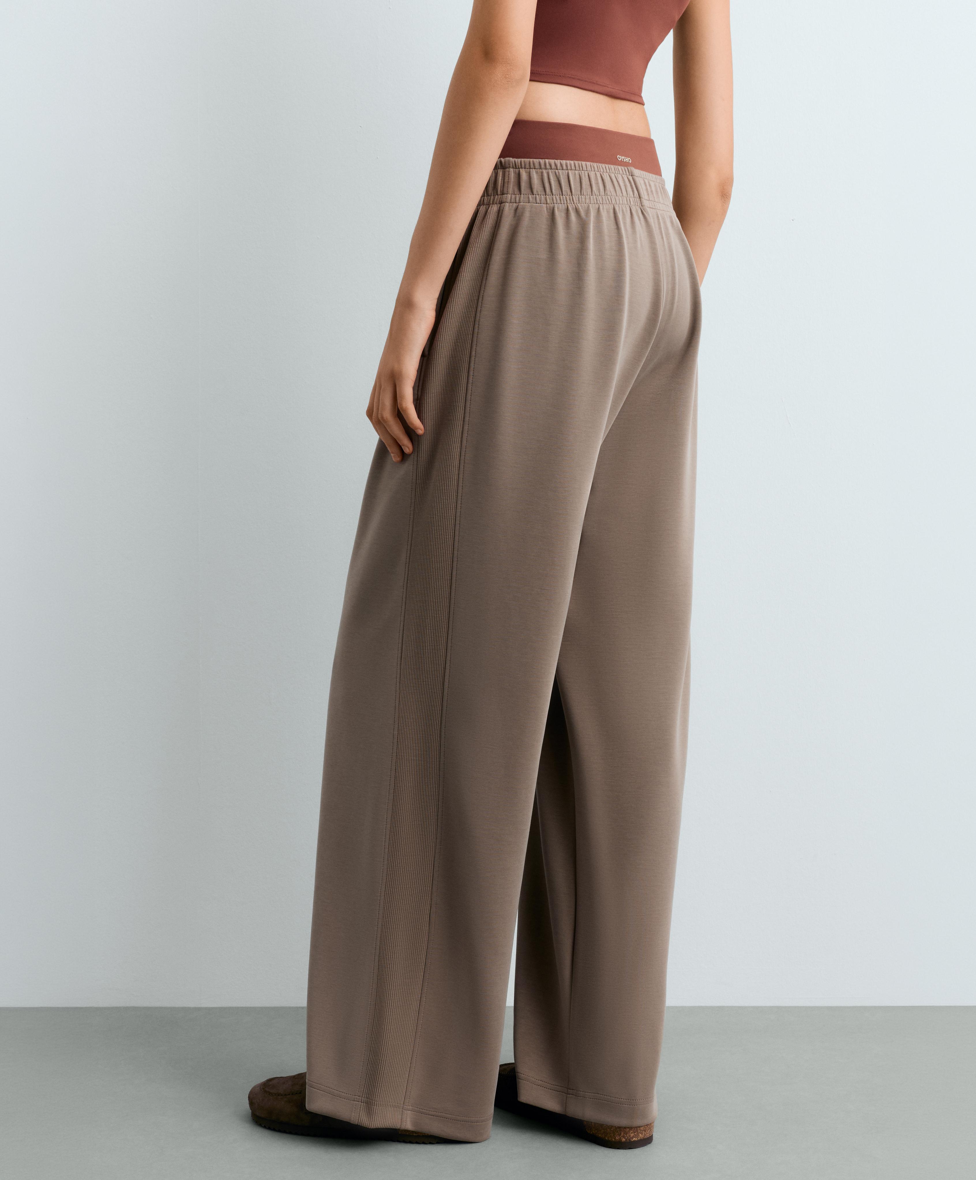 Soft-touch modal wide straight-leg rib trousers — MINK